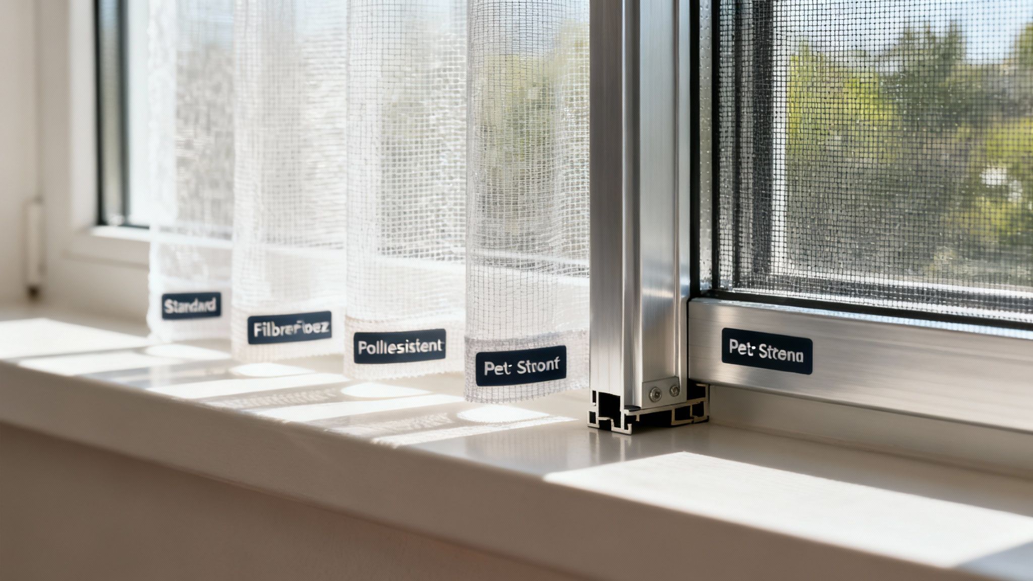 Vergelijking van verschillende soorten vliegengaas materialen voor ramen en deuren getoond op vensterbank