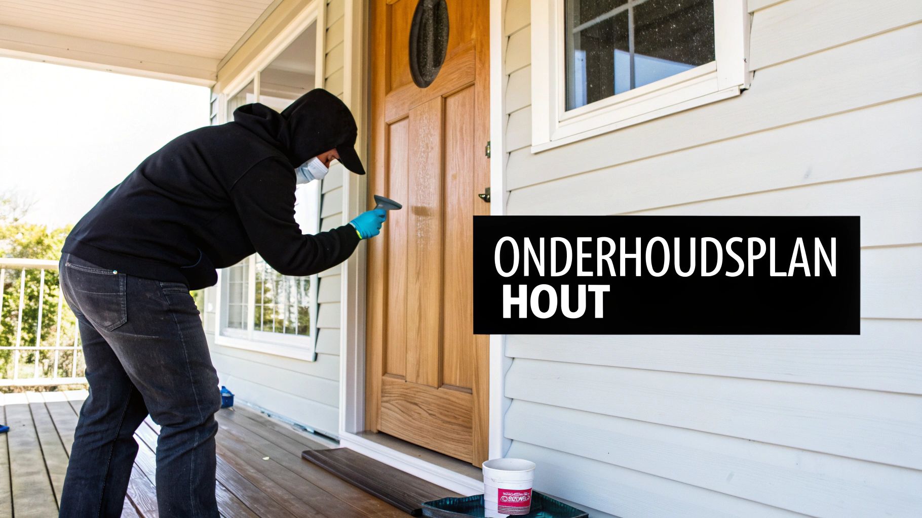 Een persoon die een landelijke houten voordeur schoonmaakt