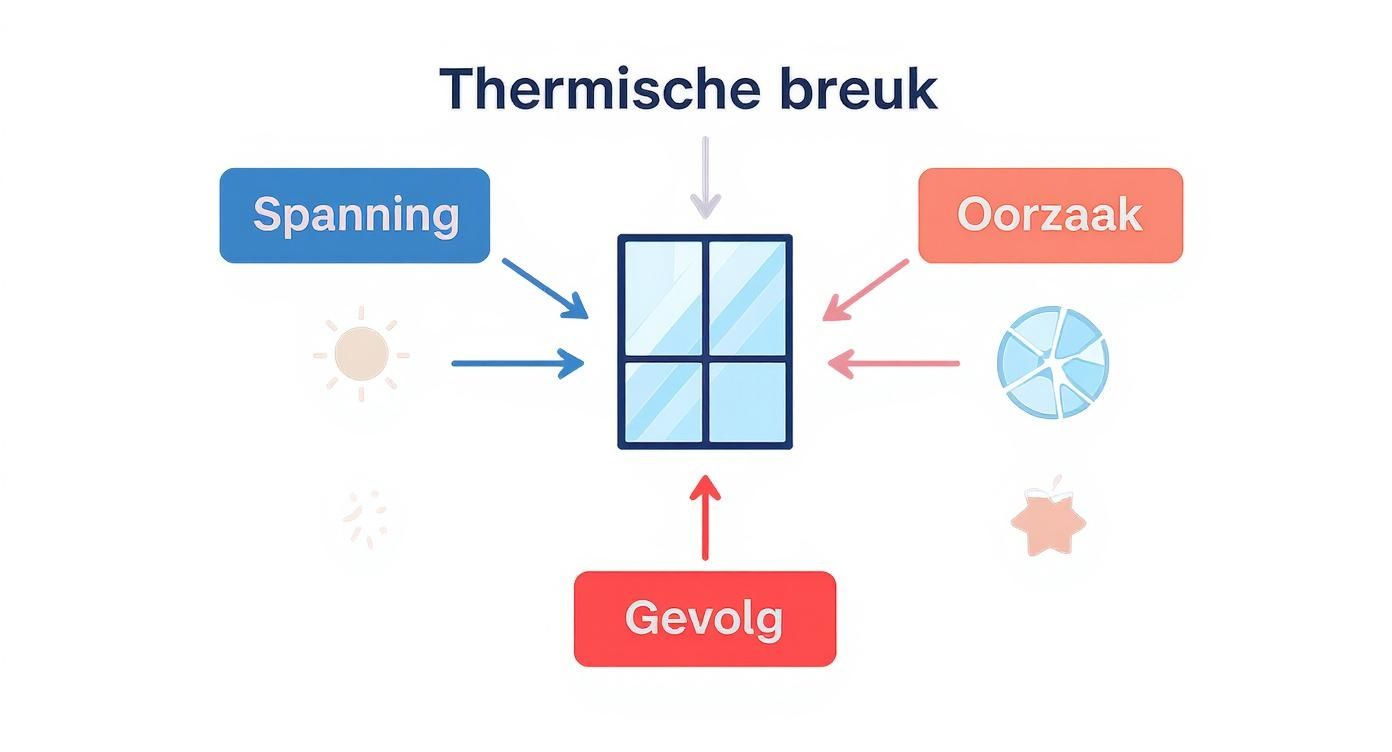 Diagram van een thermische breuk in glas, met spanning door zonlicht en oorzaak door luchtstroom, leidend tot het gevolg van de breuk.