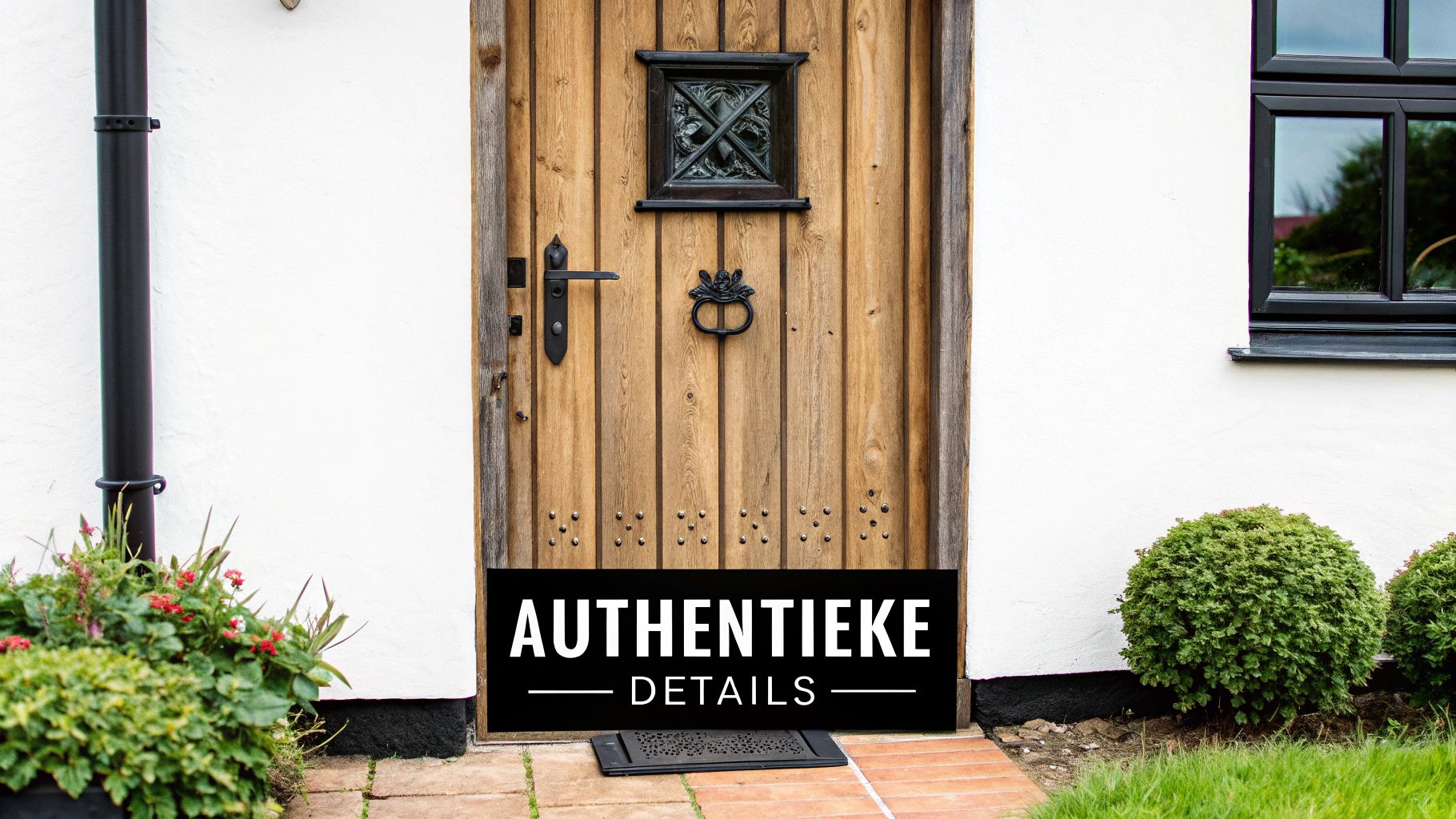 Landelijke houten voordeur met authentieke details en raampjes