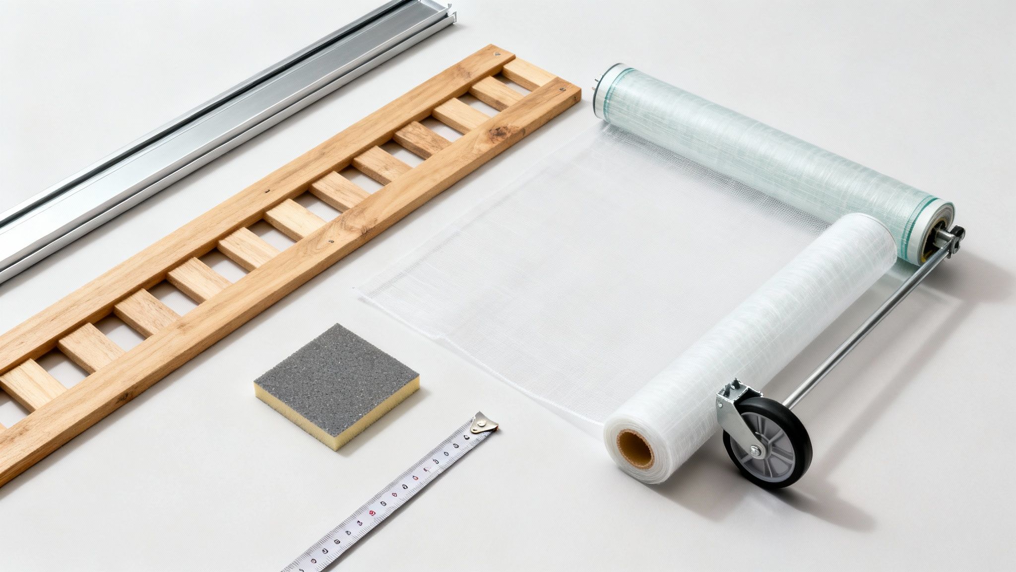 Gereedschap en materialen voor het zelf maken van een vliegendeur op witte achtergrond