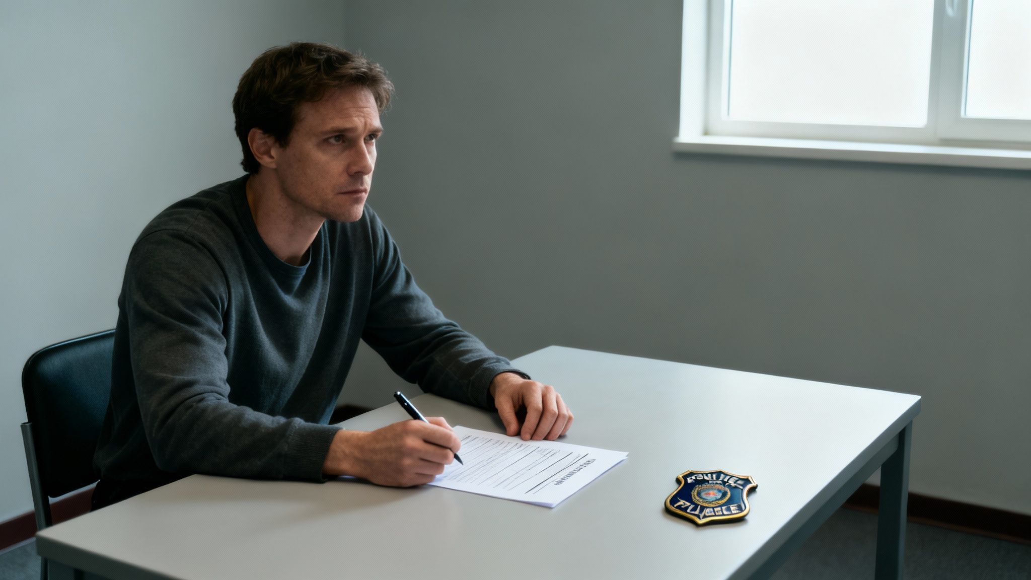 Een man zit aan een tafel en vult een document in, met een politiebadge in een verhoorkamer.