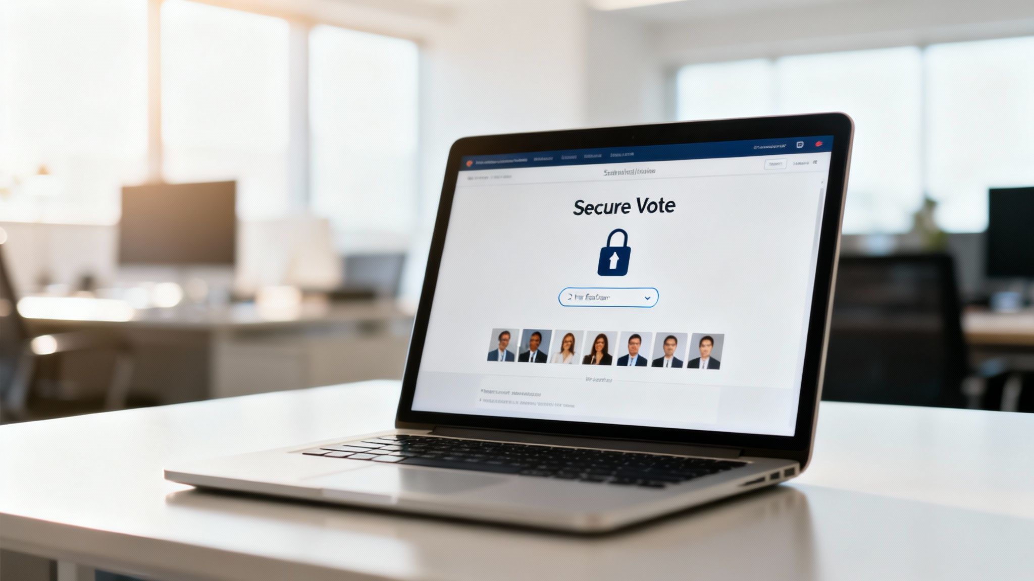 A laptop on a white desk displays a secure vote interface with a padlock icon and images of diverse people.