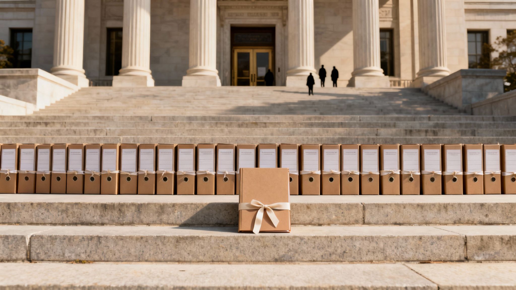 Rij archiefdozen en een boek met lint op stenen trap voor gerechtsgebouw met mensen.