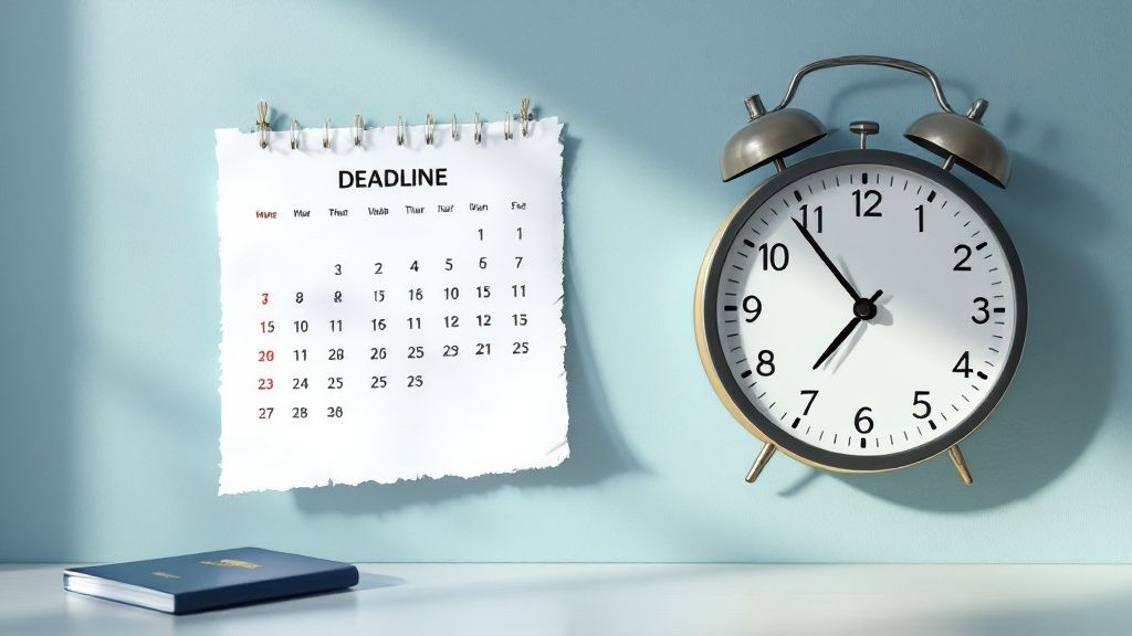 Un calendar încercuit cu o pictogramă de zbor, subliniind importanța planificării datelor de călătorie cu mult timp înainte de depunerea unei cereri de viză.
