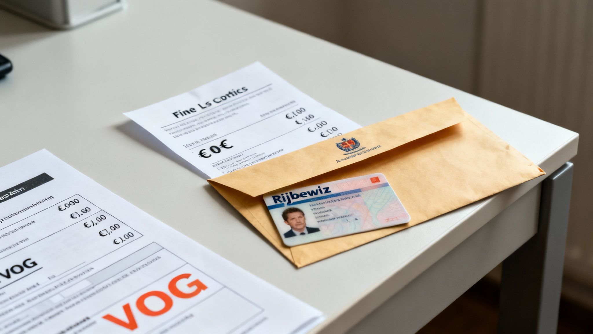 Nederlands rijbewijs op envelop met officiële documenten en boetes, liggend op een tafel.