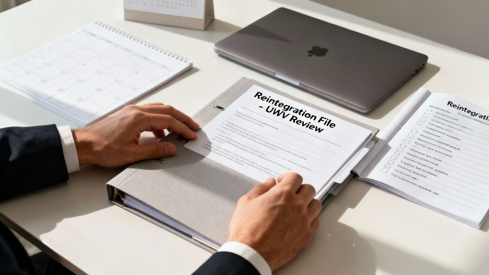 A person reviews a 'Reintegration File - UWV Review' document on a desk with a laptop and calendar.