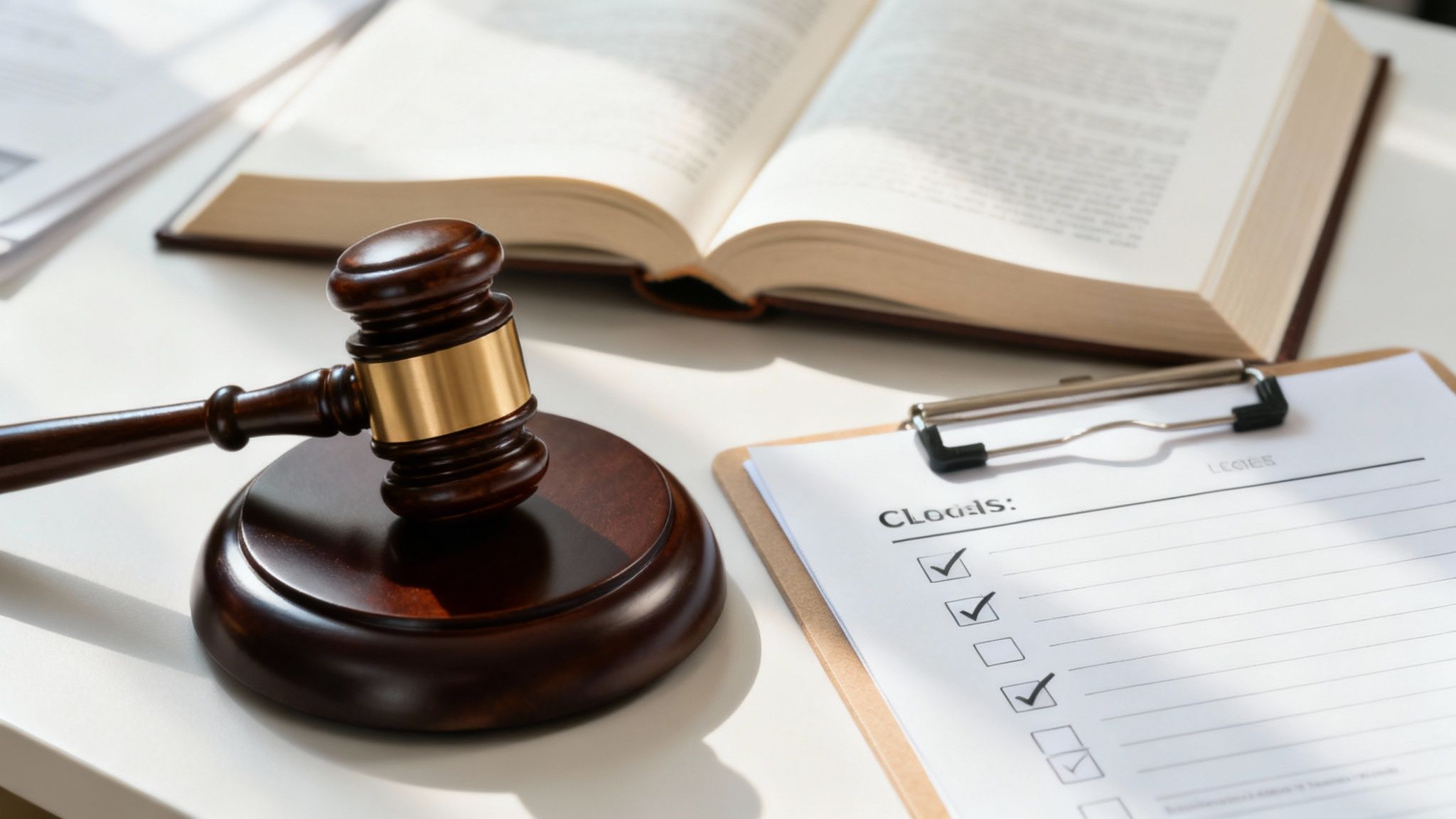 Voorwaardelijke executie uitgelegd in de praktijk 2 Een wetboek ligt op een bureau naast een hamer, wat de wettelijke basis en de regels van voorwaardelijke executie symboliseert