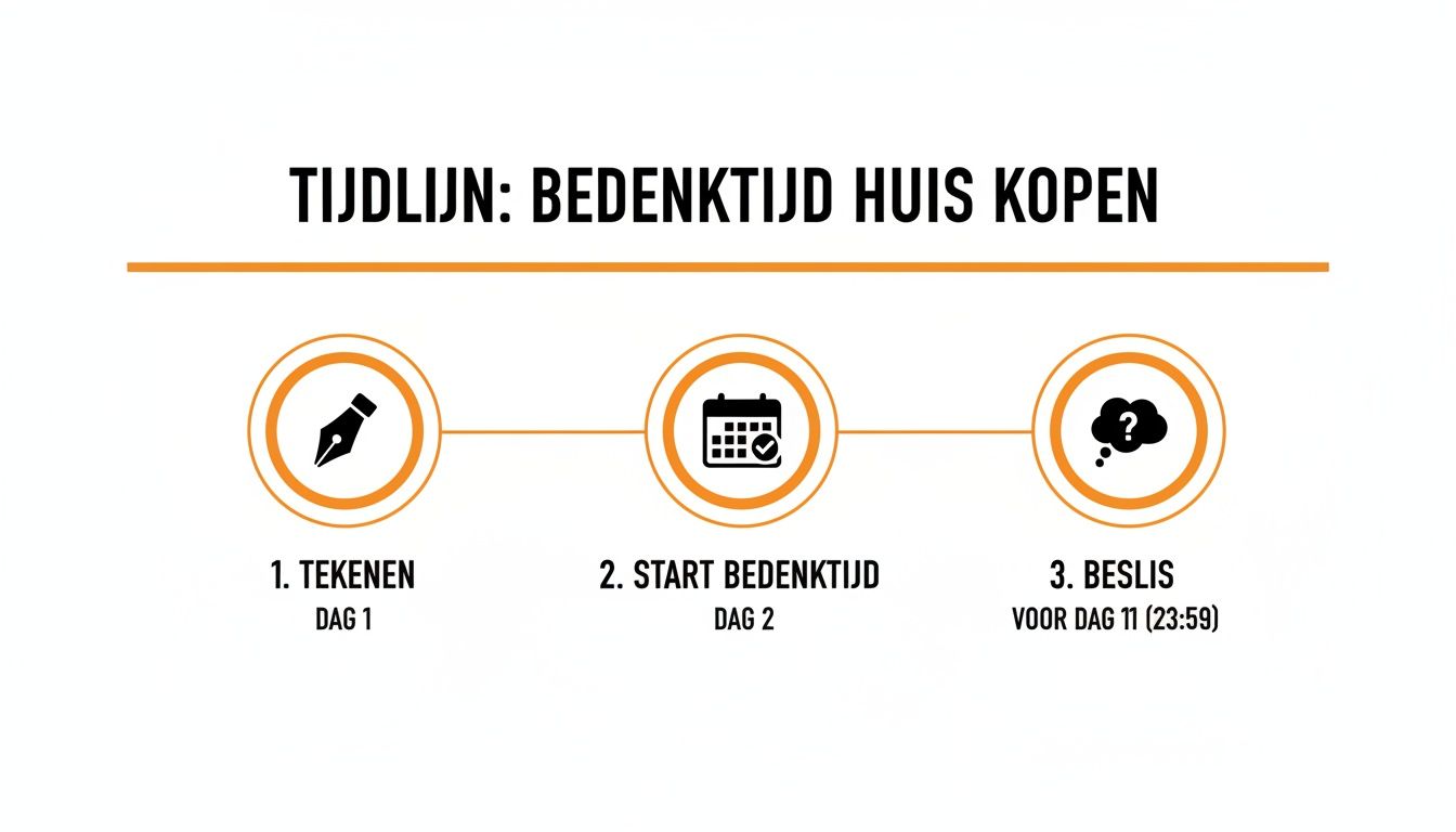Tijdlijn met drie stappen voor de bedenktijd bij het kopen van een huis: tekenen, start bedenktijd en beslissen.