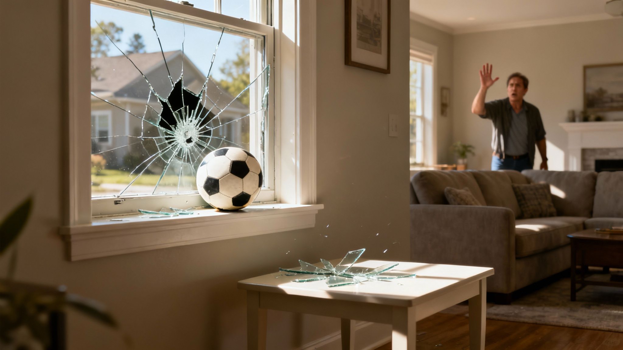 Wat is aansprakelijkheidsrecht en hoe werkt het 1 Een gebroken raam met een voetbal ervoor, wat de basis van aansprakelijkheid illustreert