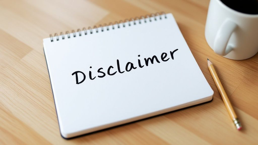Een persoon die een vergrootglas gebruikt om de kleine lettertjes van een document te lezen, wat de noodzaak van een duidelijke disclaimer symboliseert