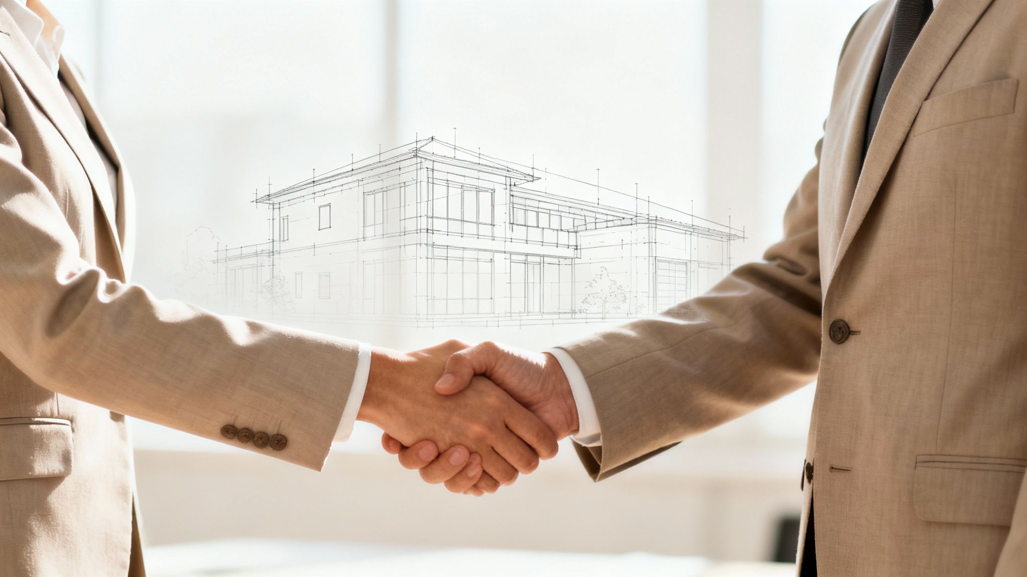 Two business professionals shaking hands to finalise a verbal agreement in a modern office setting.