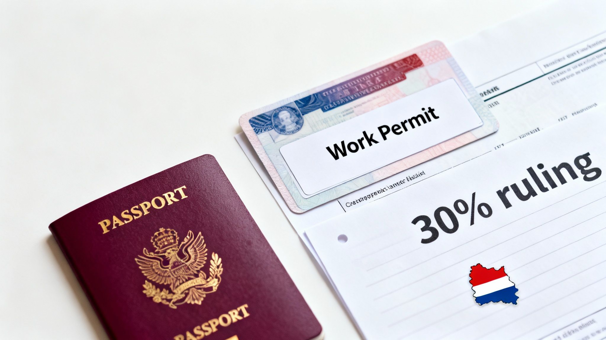 A passport, work permit card, and document discussing the Netherlands 30% ruling on a white background.