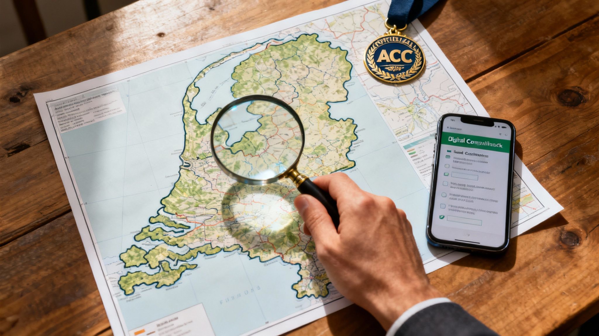 EU Digital Services Act (DSA) & DMA: What Businesses Must Know 6 A microscope focusing on a map of the Netherlands, signifying local regulatory scrutiny.