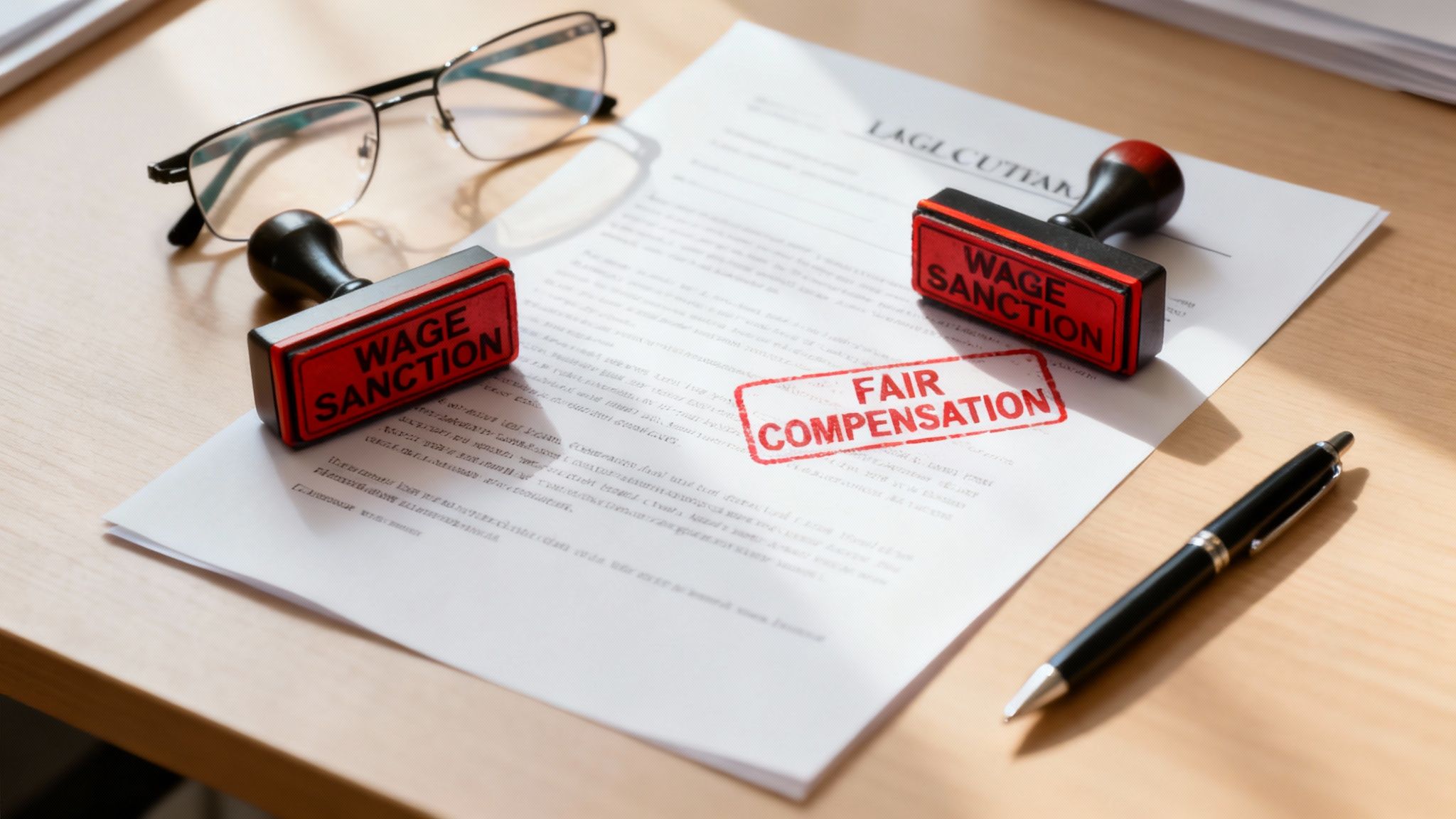 Close-up of a document with 'WAGE SANCTION' and 'FAIR COMPENSATION' stamps, eyeglasses, and a pen on a desk.