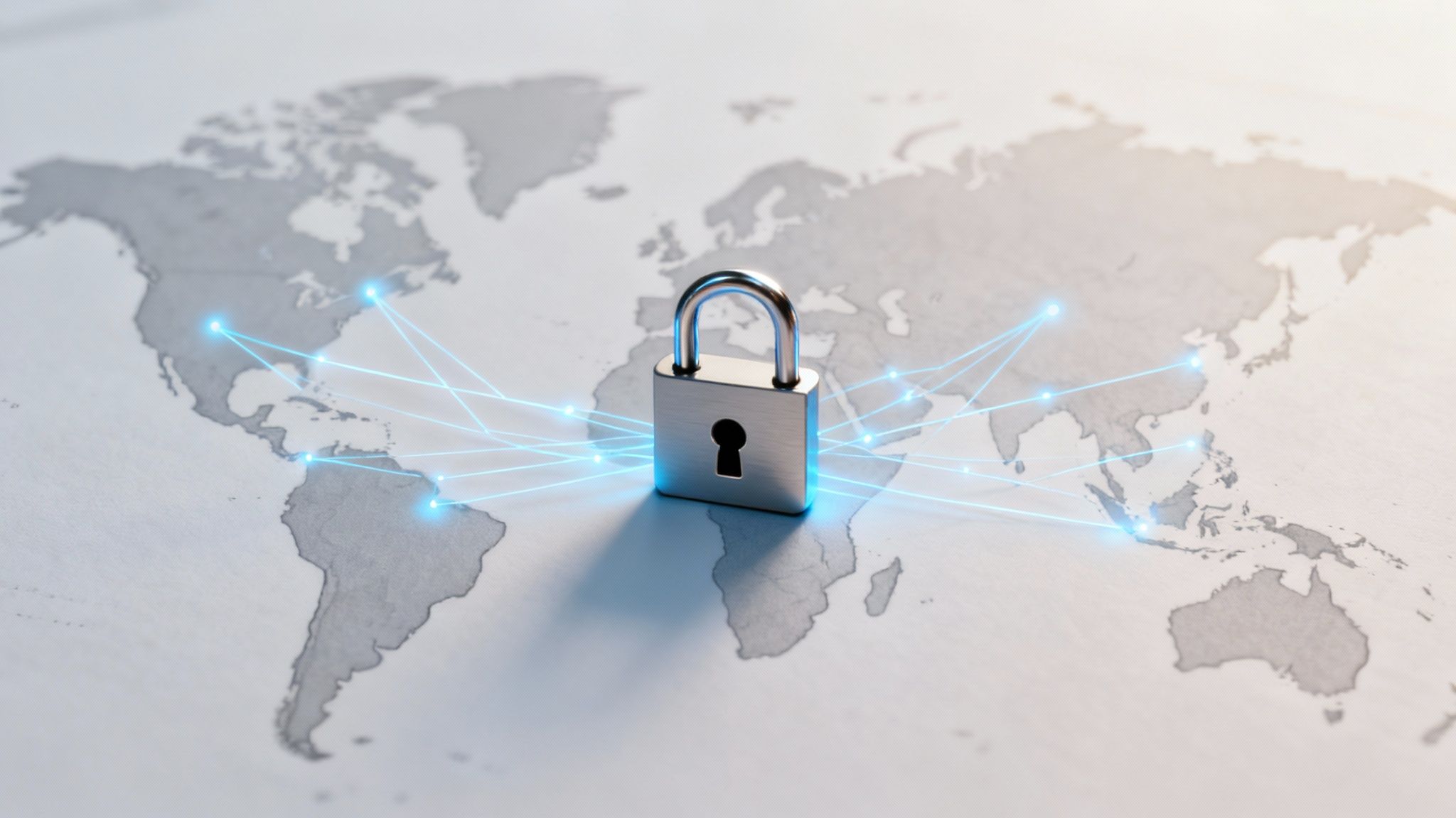 A person sitting at a desk with a secure lock icon overlaid on their laptop screen