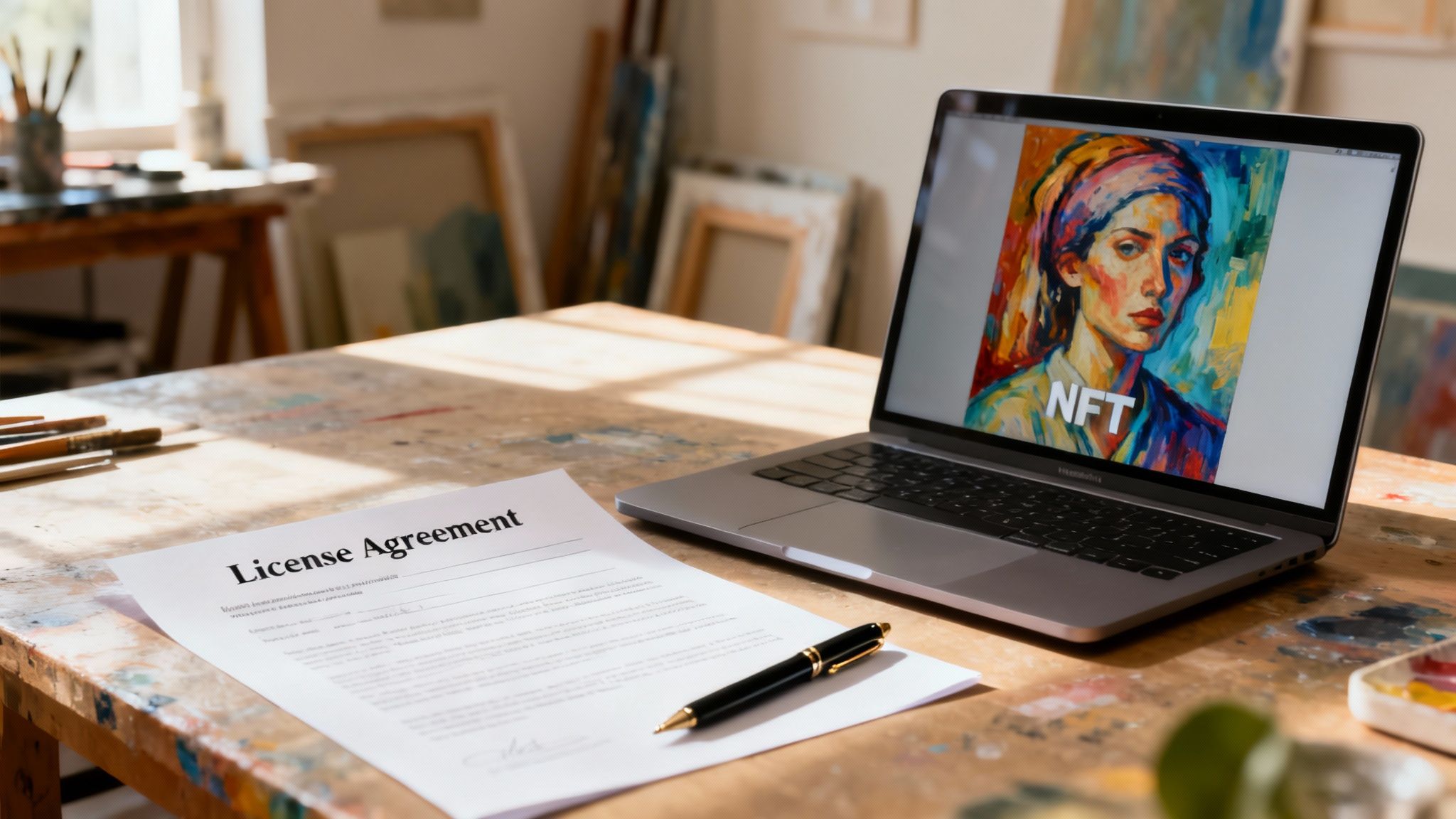 NFT Ownership Rights in the Netherlands: A Legal Guide 4 A laptop displays a colorful NFT artwork, placed next to a license agreement and a pen on an art studio desk.