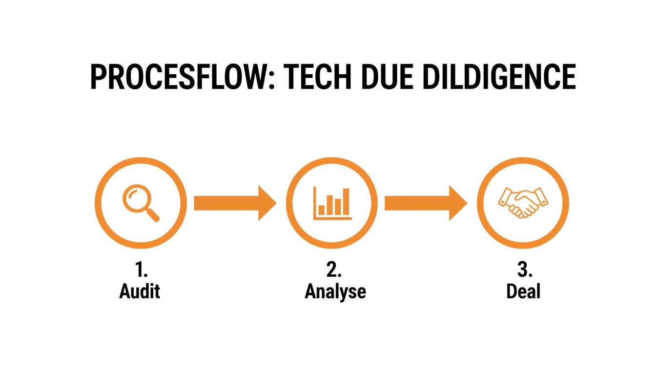 Fusies en overnames in de tech-sector: valkuilen en tips voor een waterdichte due diligence 1 Een stroomschema dat de drie fasen van tech due diligence illustreert: audit, analyse en deal.