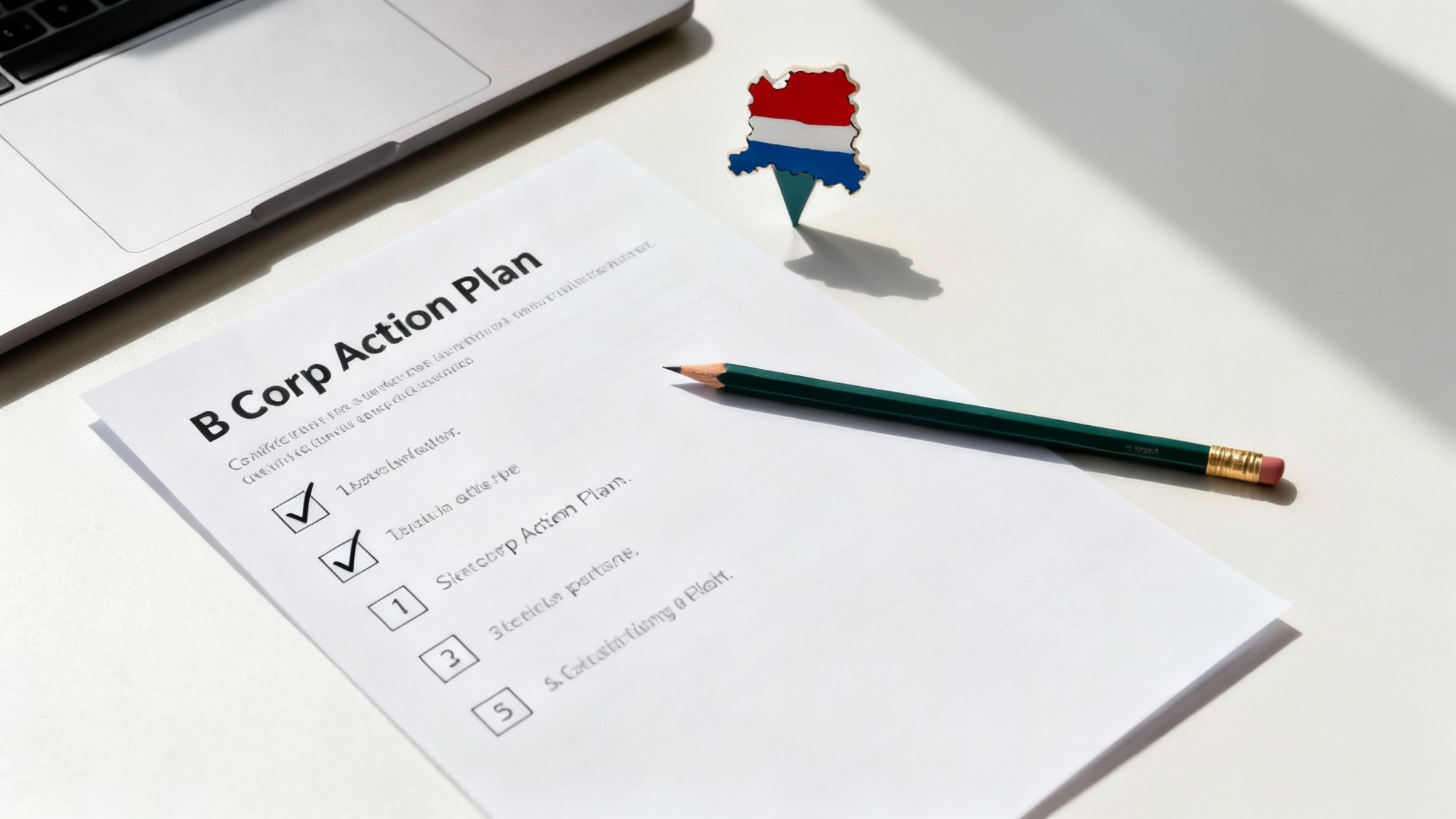 O listă de verificare pe un clipboard, simbolizând un plan de acțiune clar pentru certificarea B Corp.