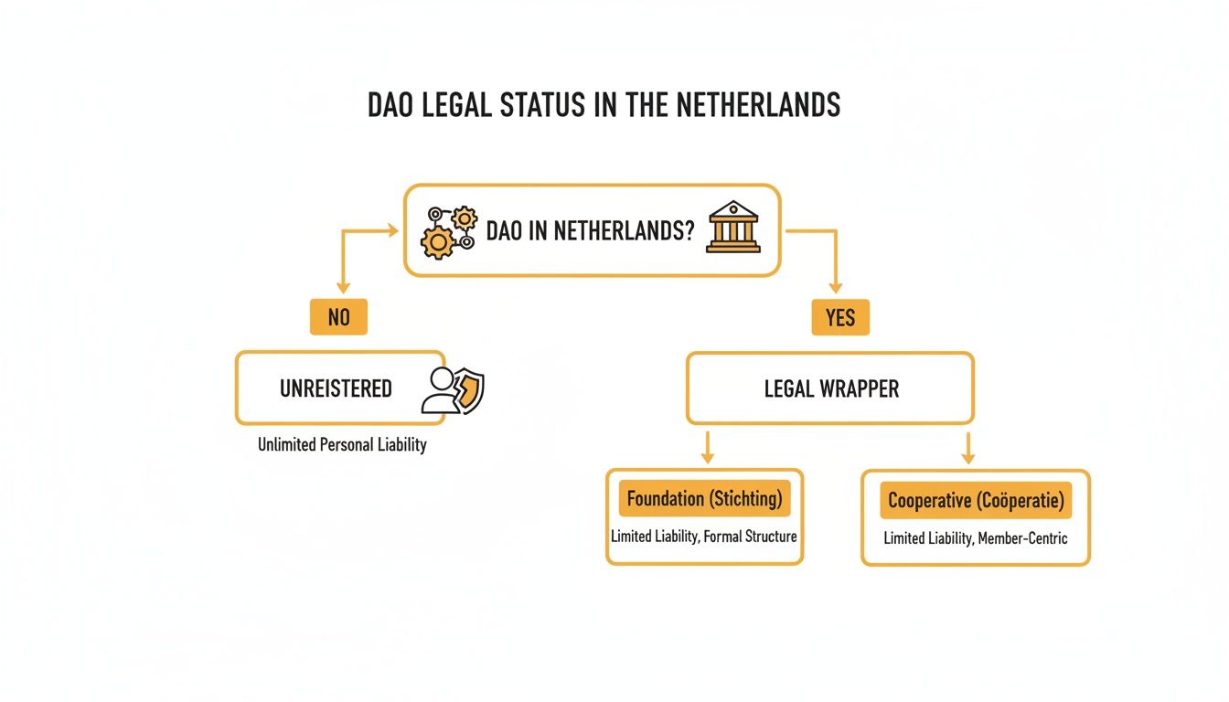 Flowchart detailing the legal status options for DAOs in the Netherlands, including unregistered and legal wrappers like foundations or cooperatives.