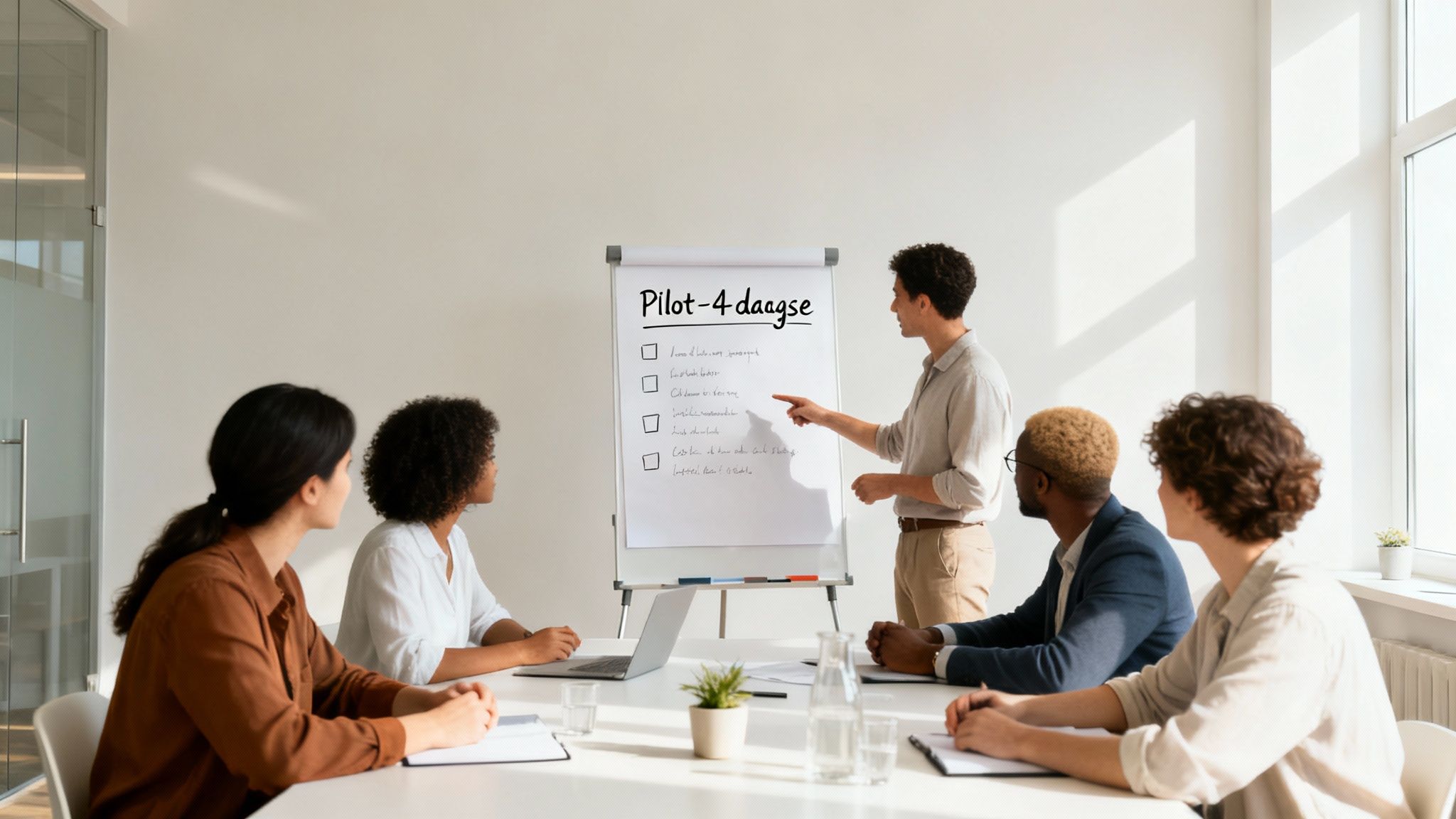 Professionals in een vergadering, luisterend naar een presentatie over een vierdaagse werkweek.