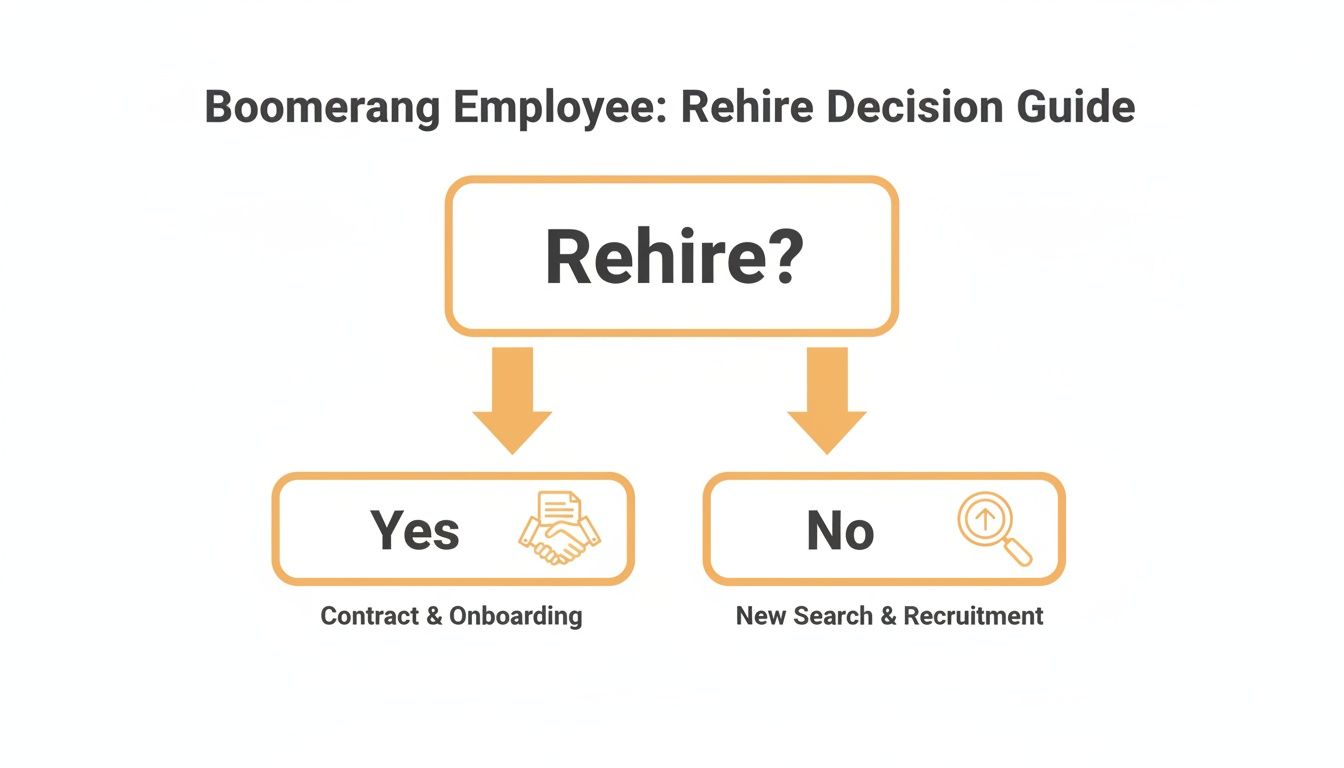 Flowchart guiding the rehire decision for boomerang employees: Yes leads to contract, No to new recruitment.