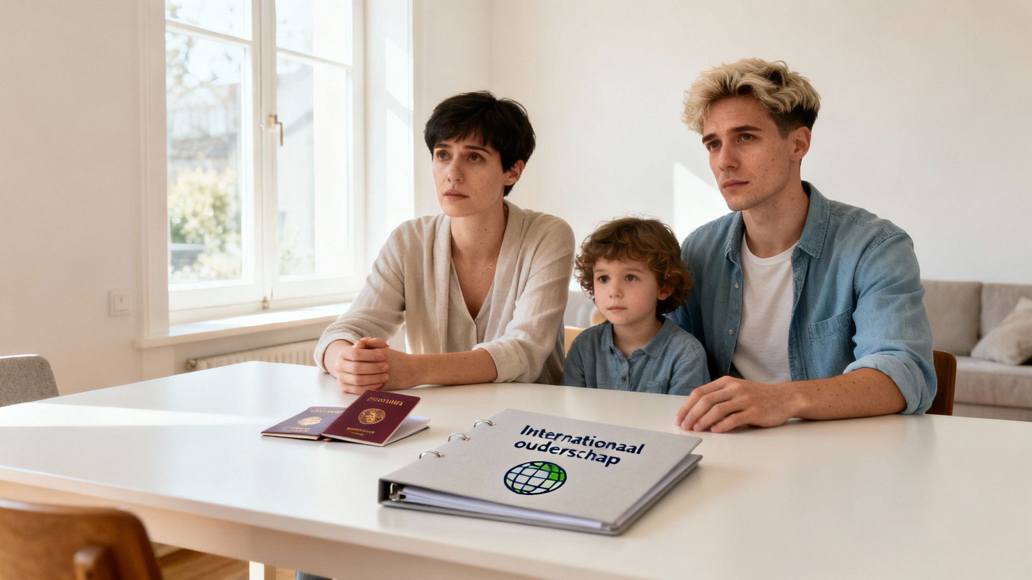 Hoe regelt u de erkenning van ouderschap als koppel van gelijk geslacht? 3 Bezorgde familie bespreekt internationaal ouderschap met paspoorten en documenten op tafel.