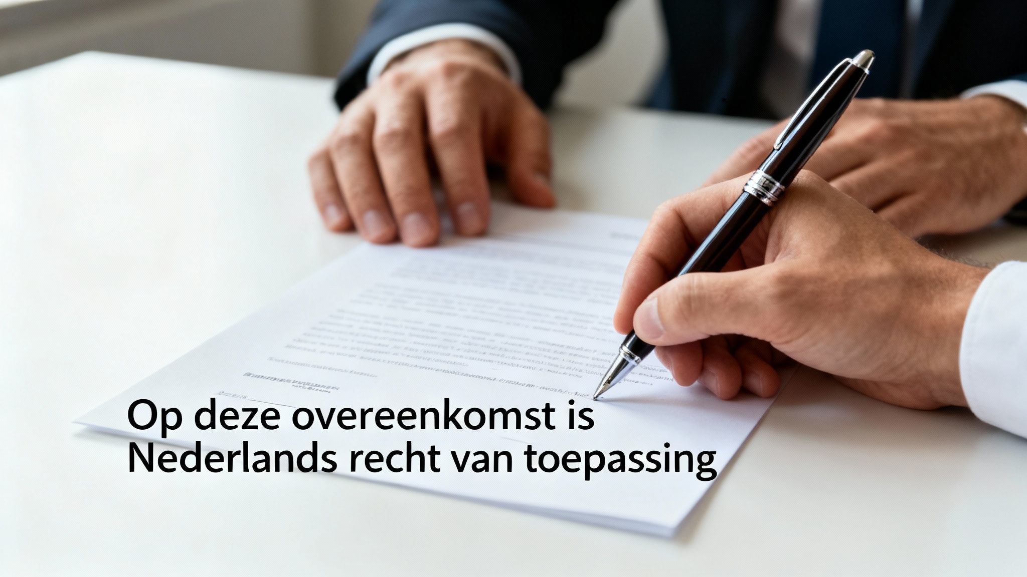 Twee handen die een pen vasthouden en een contract ondertekenen.
