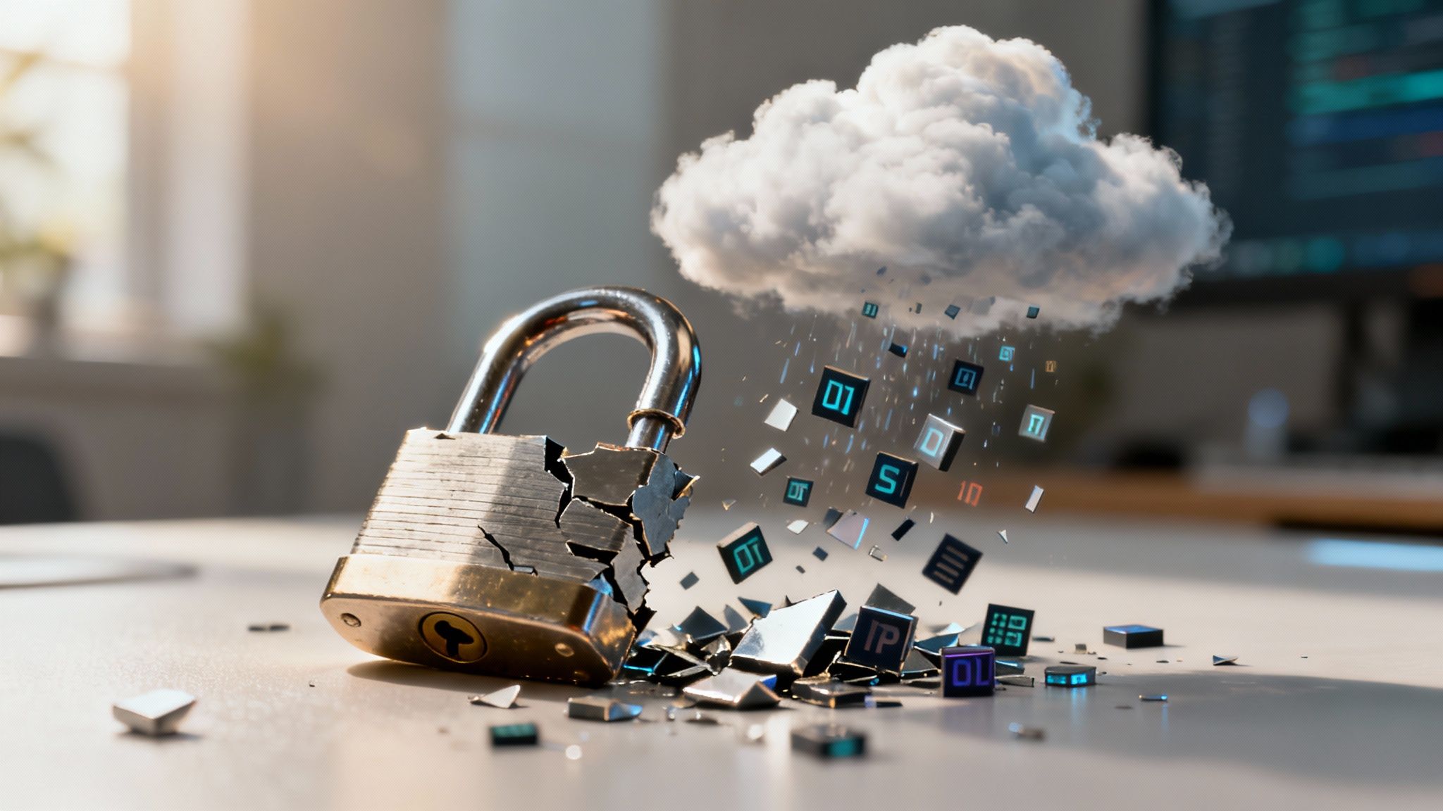An image showing a cracked digital shield with data streams leaking out, representing a data breach in an AI-driven system.