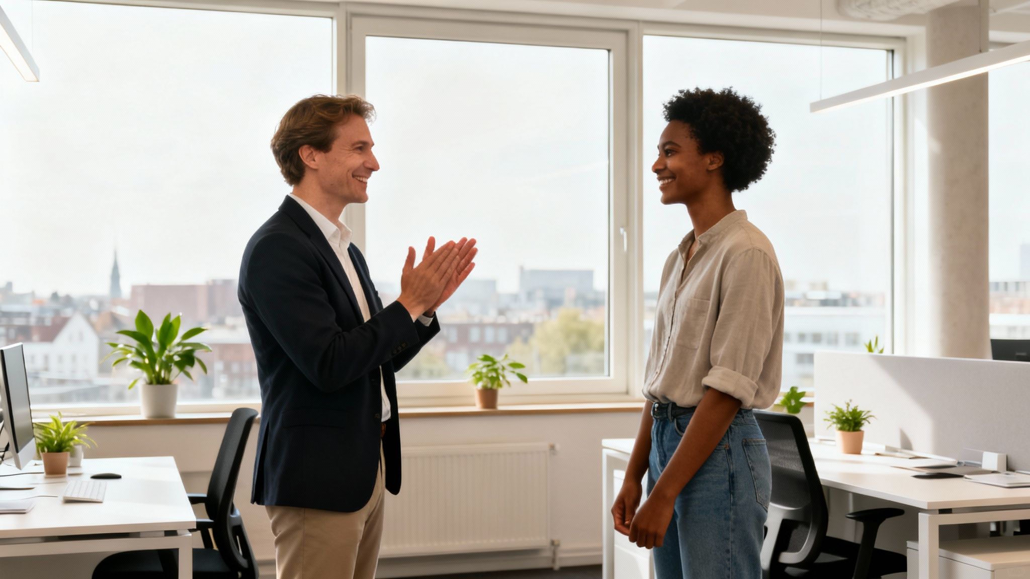 A Dutch Employer's Guide to Responding to Quiet Quitting 4 A smiling man claps for a smiling woman in a modern office with large windows, showing appreciation.