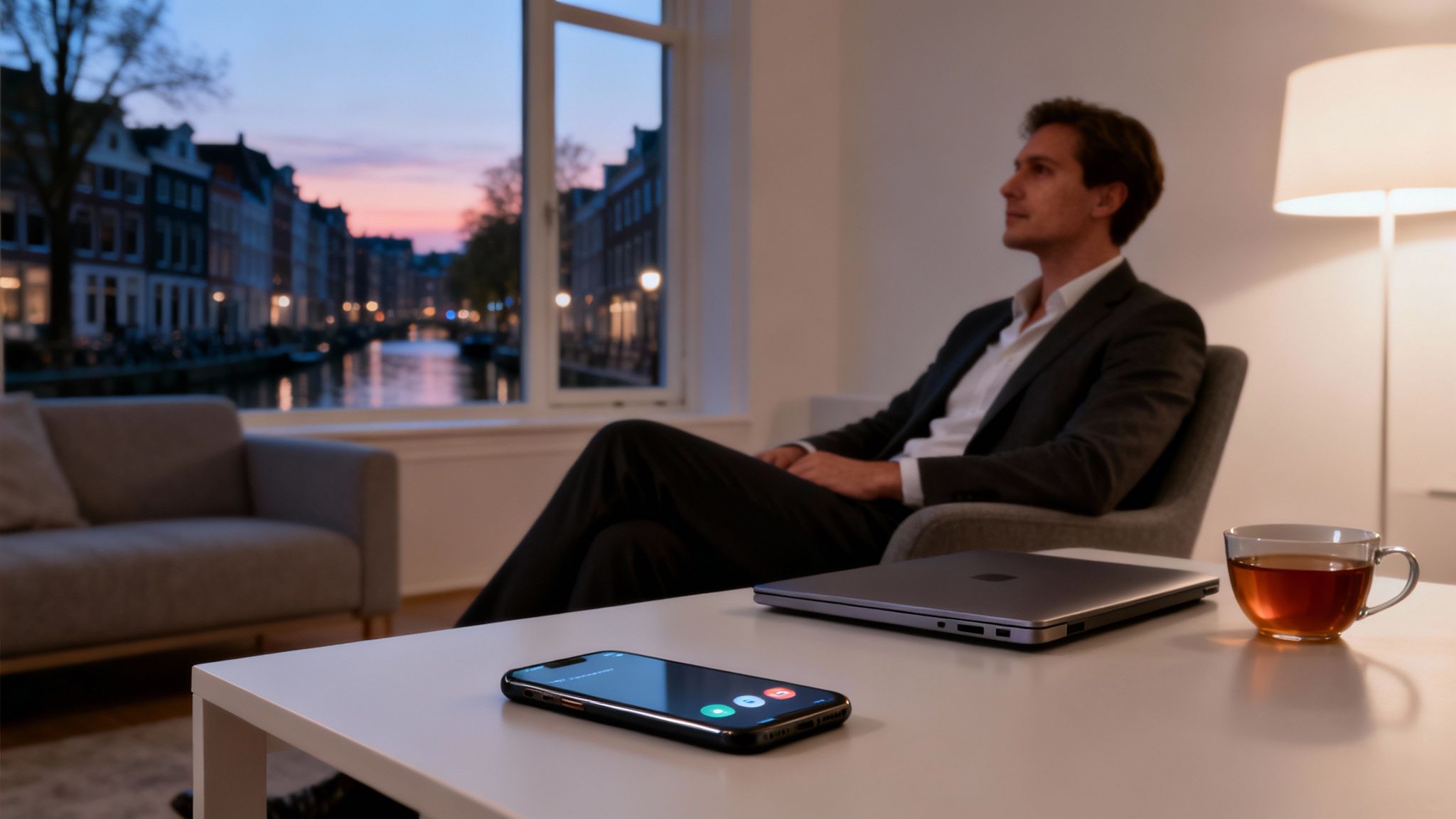 A man relaxes in a living room, looking at a canal view, with a ringing phone nearby.
