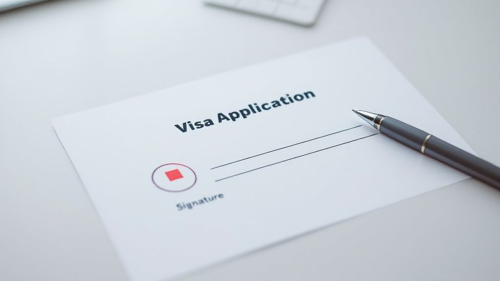 O persoană care examinează cu atenție documente la un birou, simbolizând verificarea meticuloasă necesară pentru o cerere de viză.