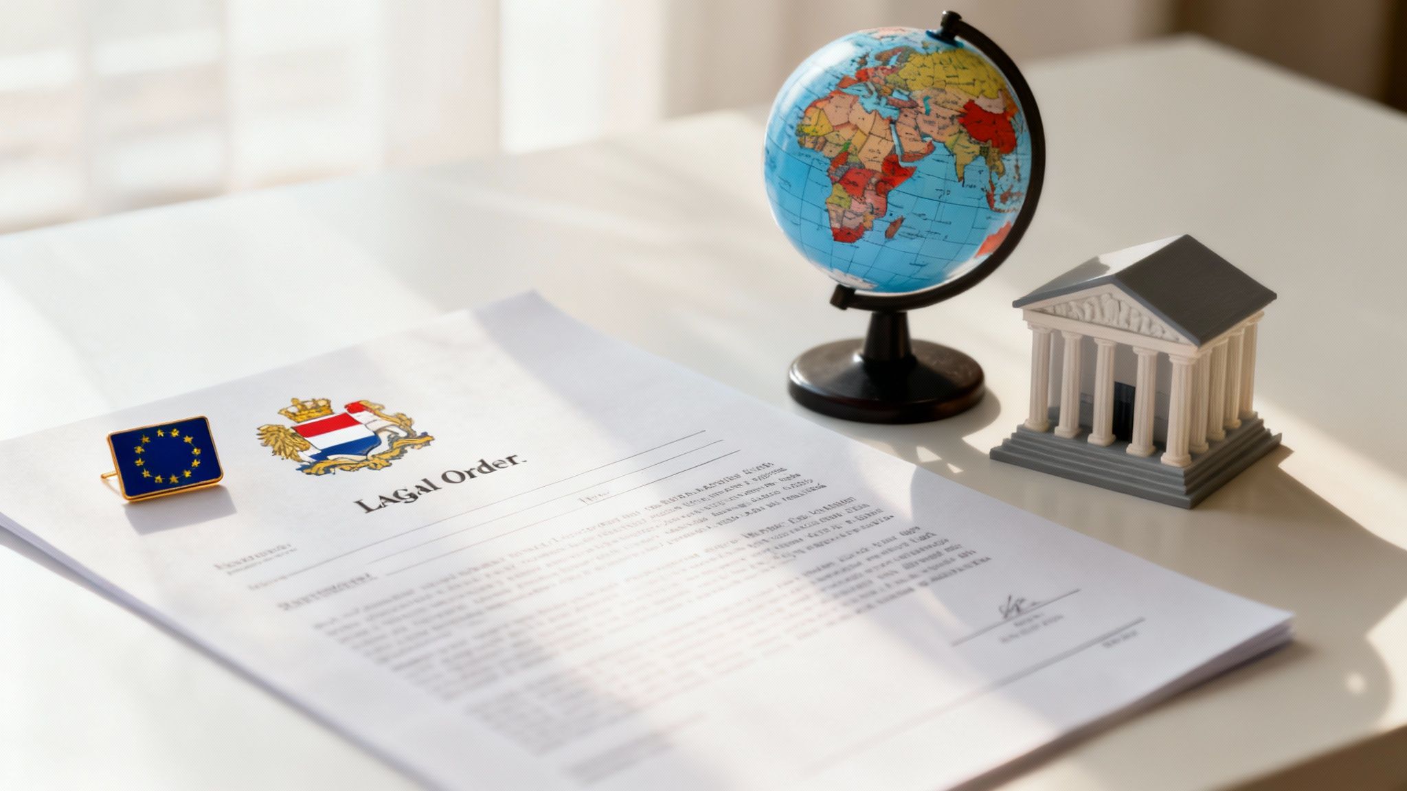 A globe with interconnected lines, illustrating the international reach of Dutch legal attachments in global disputes.