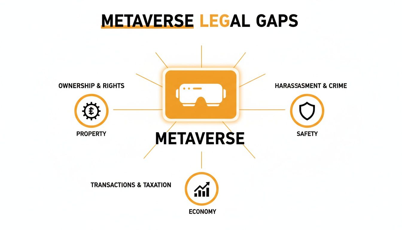 Navigating Metaverse Legal Frameworks in the Netherlands and EU 3 Diagram illustrating legal gaps in the Metaverse, focusing on property, economy, and safety.