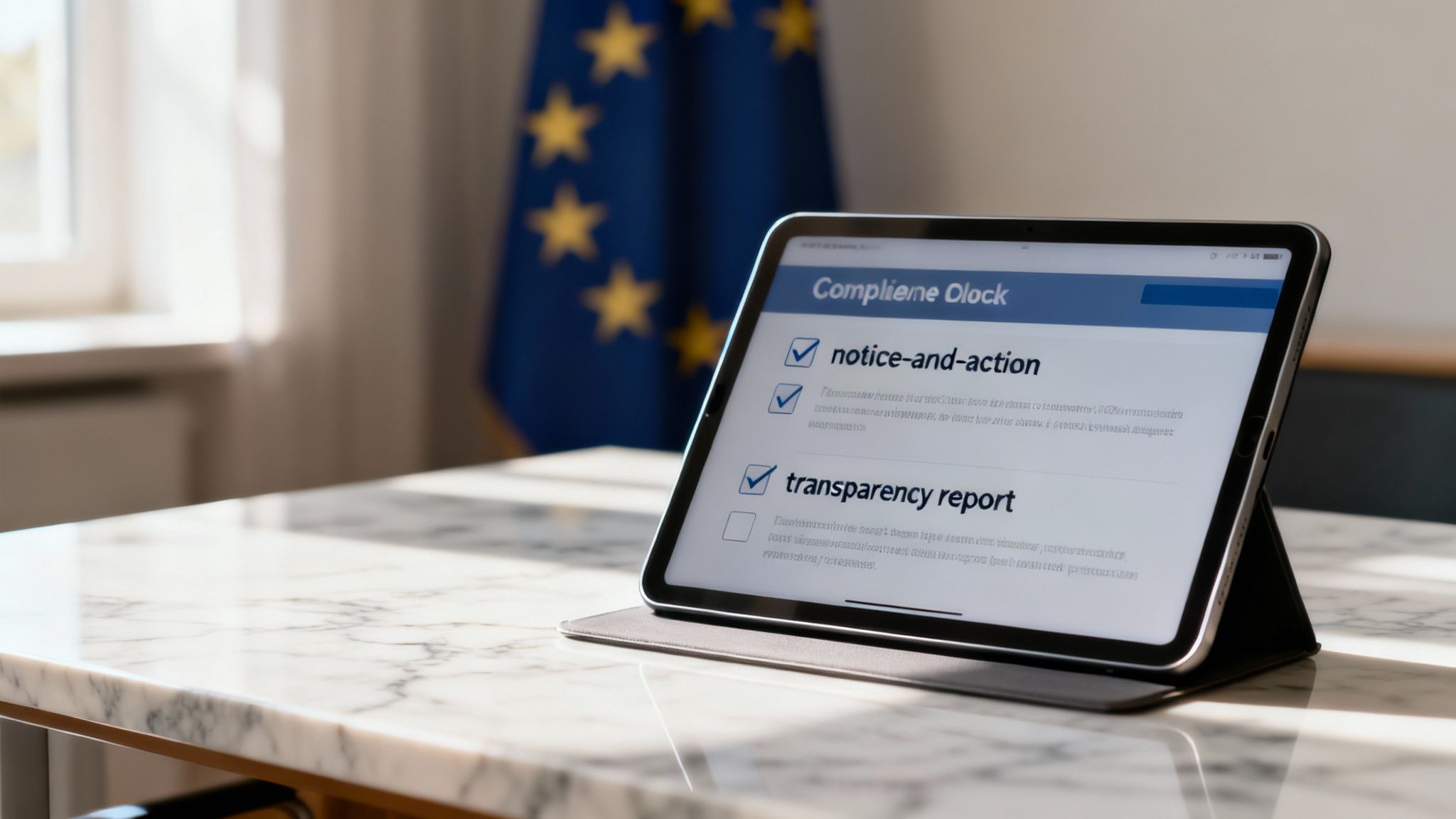 EU Digital Services Act (DSA) & DMA: What Businesses Must Know 4 A person at a desk reviewing a checklist on a laptop, symbolising DSA compliance tasks.