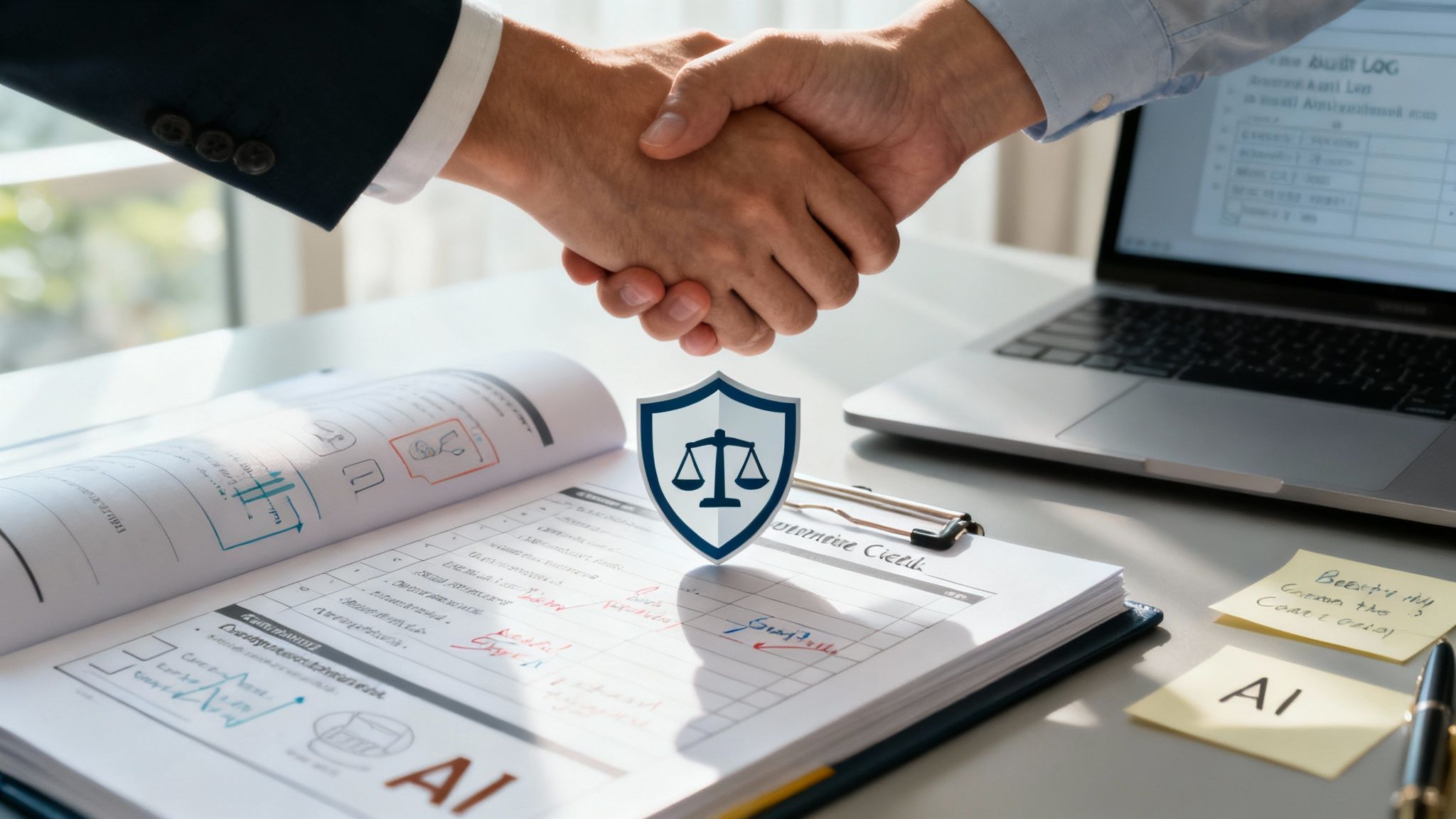 Een schaal van justitie balanceert een menselijk brein aan de ene kant en een digitaal brein aan de andere kant, wat de juridische afwegingen rond AI symboliseert.