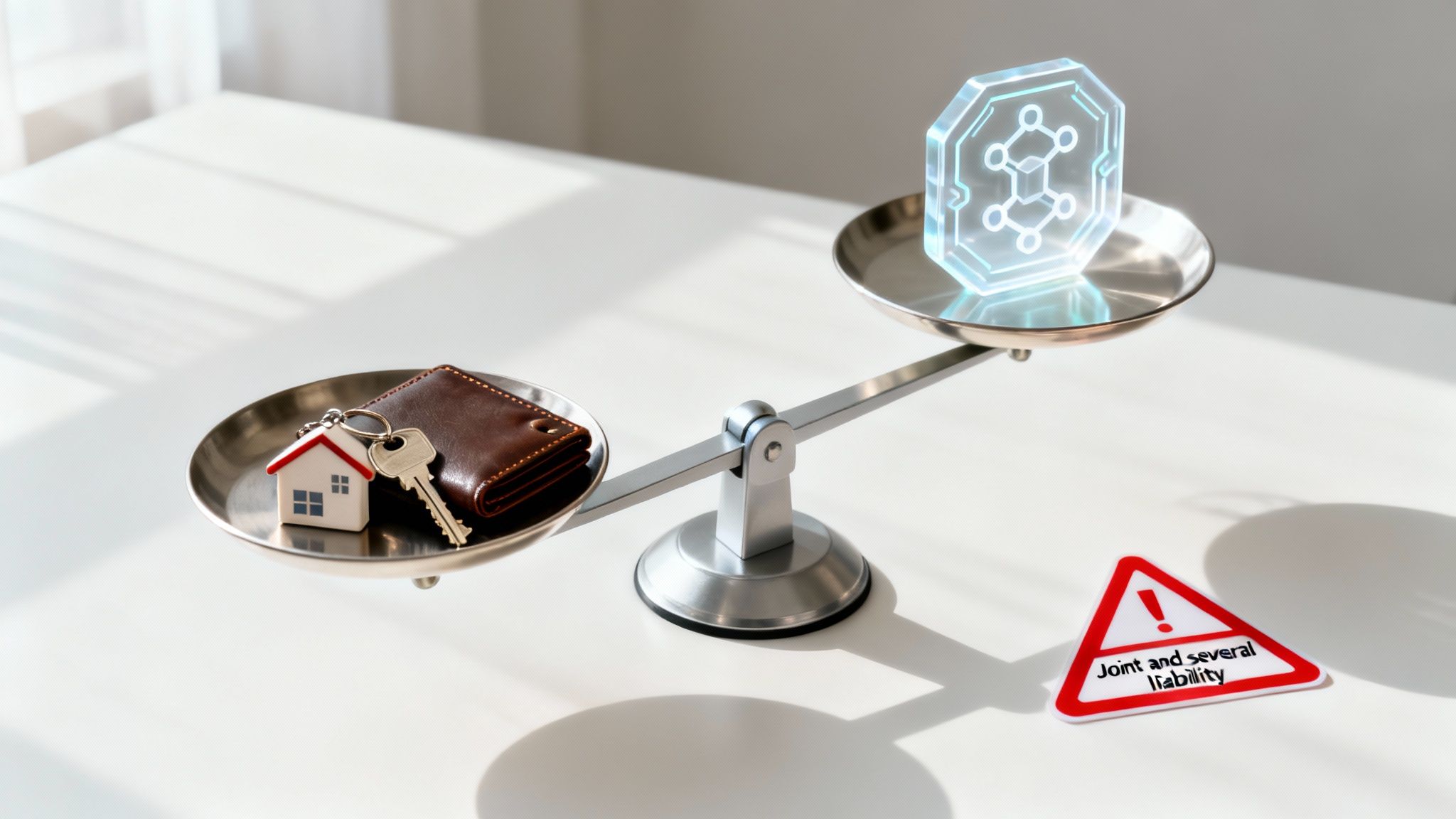 A scale balancing a house key, wallet, and a glowing blockchain symbol, with a 'Joint and several liability' warning.