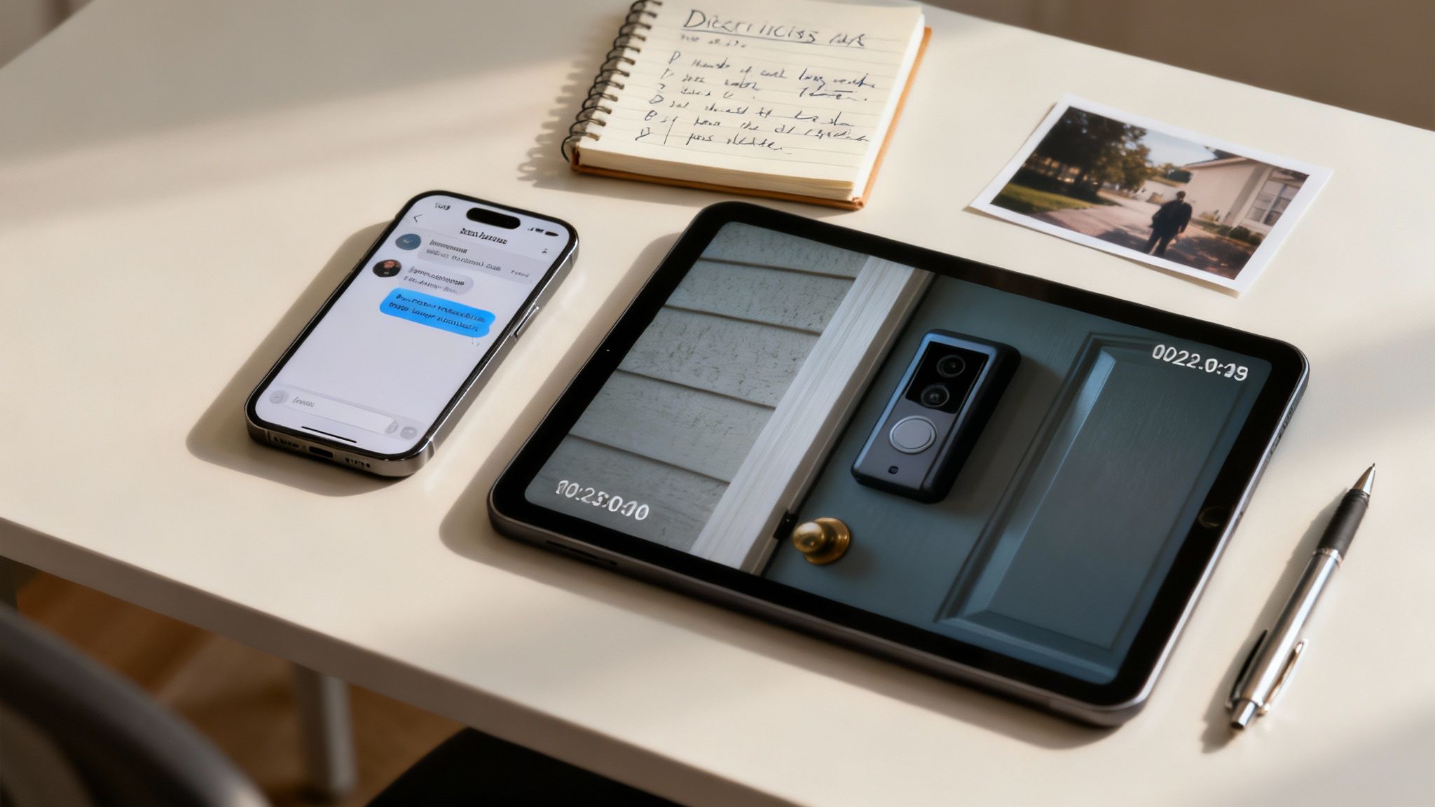 Van buurtruzie tot mishandeling: hoe een woordenwisseling strafbaar kan worden 3 Bureau met smartphone, tablet met deurbelcamera-opname, notitieblok met aantekeningen en foto als bewijs