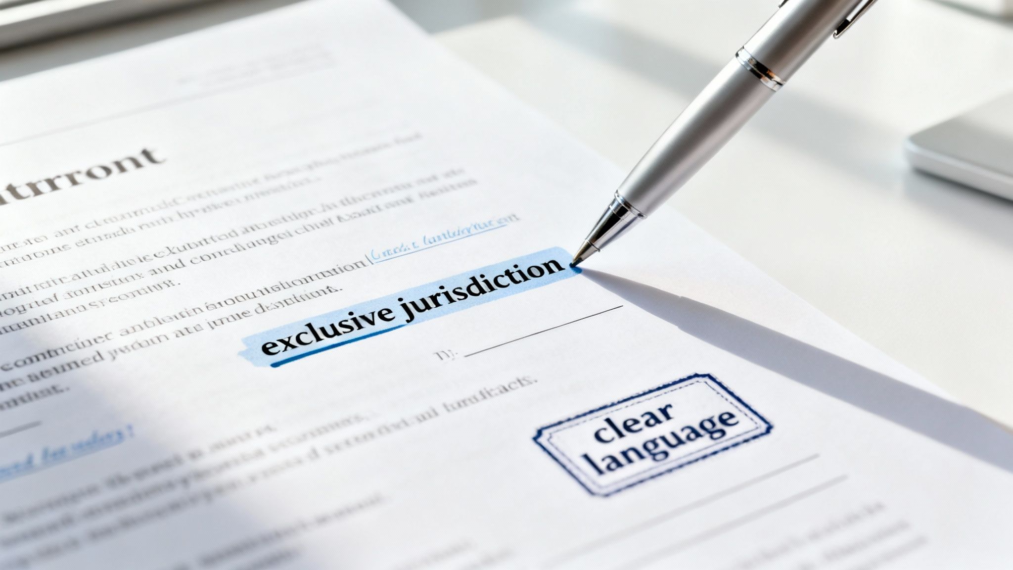 A pen highlights 'exclusive jurisdiction' on a legal document, with a 'clear language' stamp.