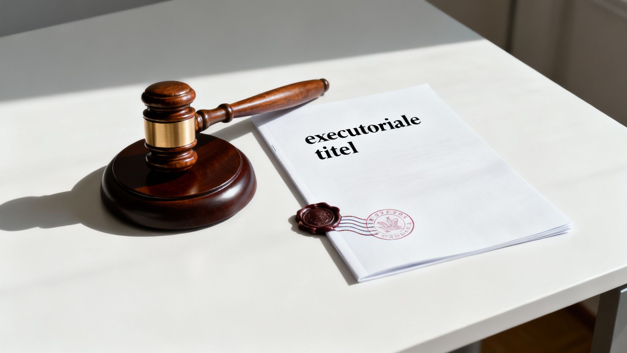 Executierecht en beslagprocedures in de praktijk 1 Een hamer van een rechter naast juridische documenten, die het concept van executierecht symboliseren