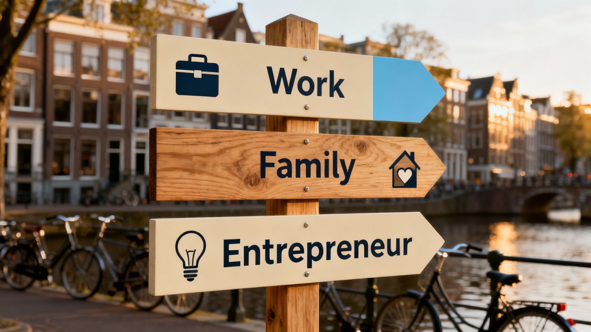 Directional street signs pointing to work, family, and entrepreneur paths in urban setting
