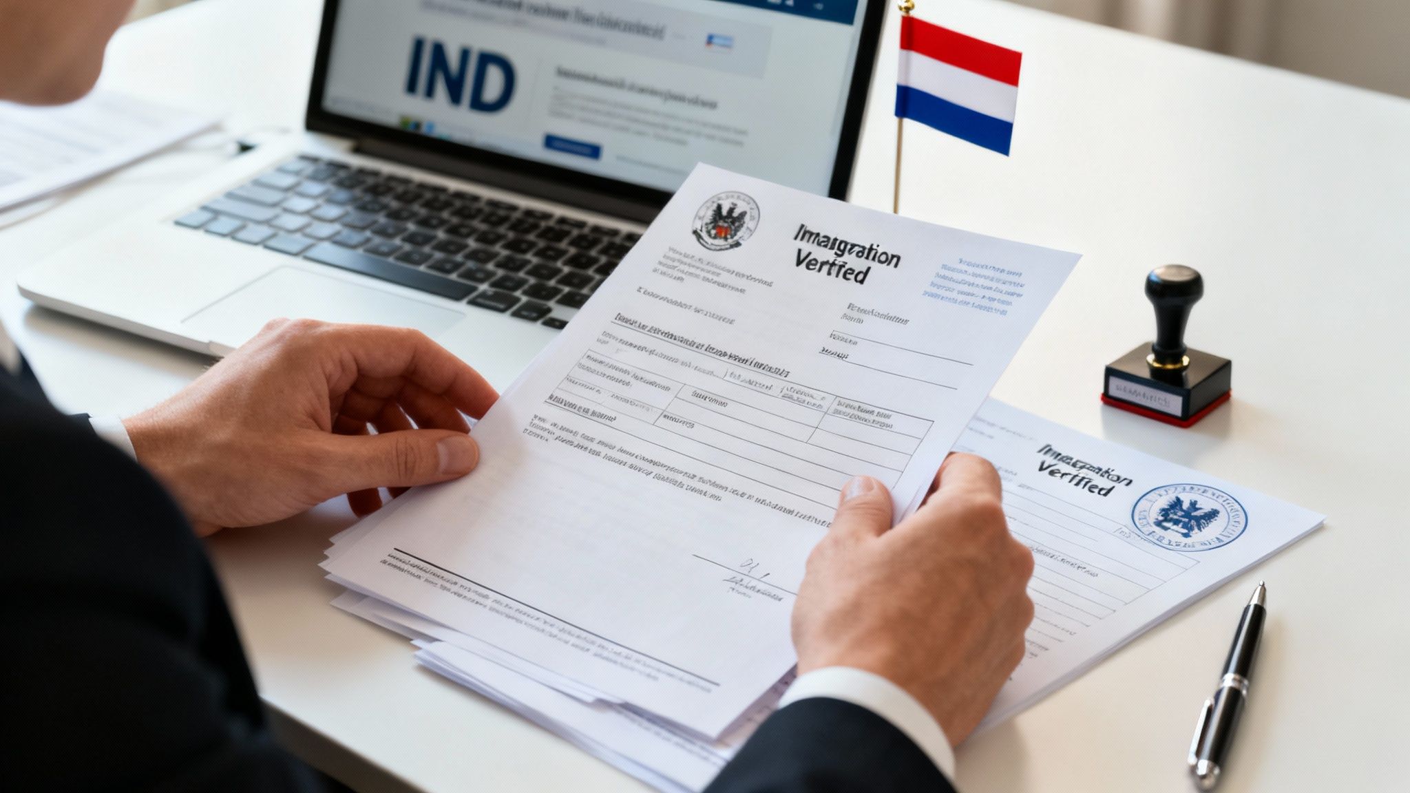 Person reviewing immigration verified documents with Dutch flag and laptop showing IND website