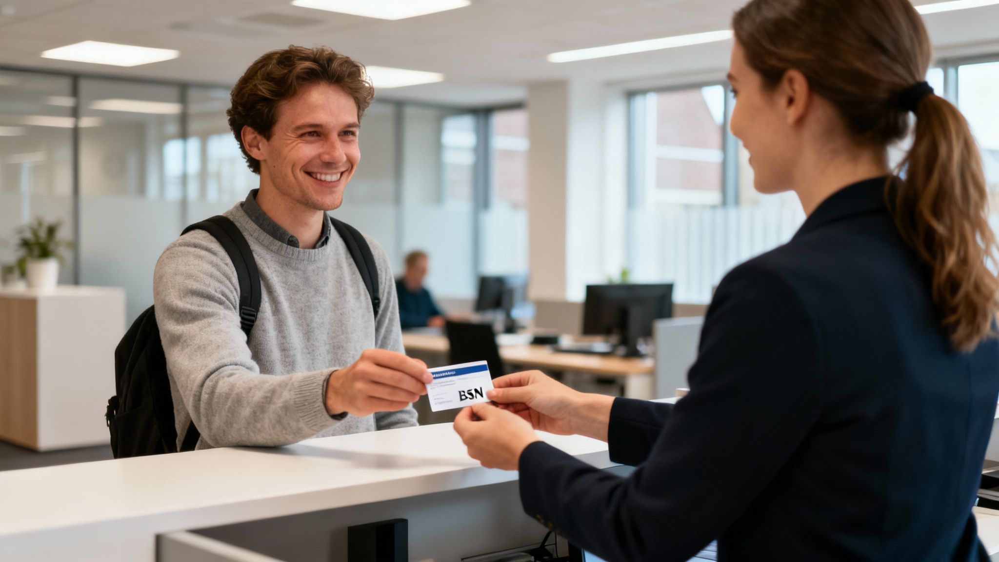 A person receiving keys in front of a Dutch house, symbolising the start of their new life in the Netherlands.