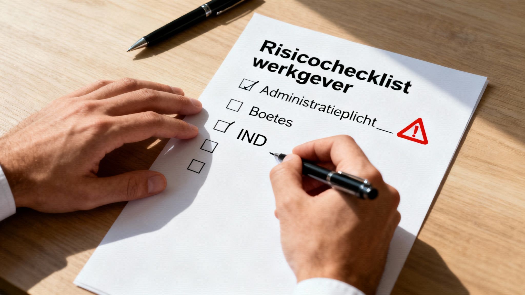Handen vullen een risicochecklist voor werkgevers in, met items over administratieplicht, boetes en de IND.