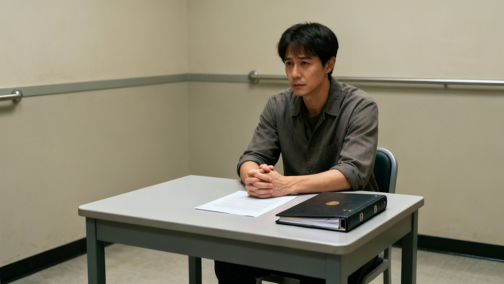 Withdrawing Your Statement as complainant or witness in a Criminal Case 3 A man with clasped hands sits at a grey table with documents in an interview room.