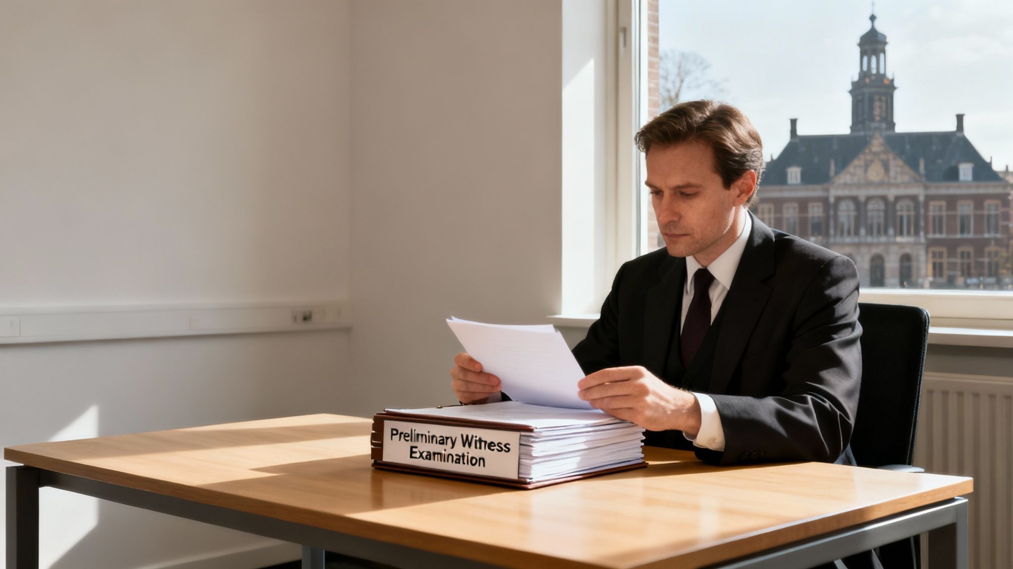 Moodne kohtusaali õhkkond, kus puidust laual on haamer, mis sümboliseerib Hollandi kohtumenetlust.