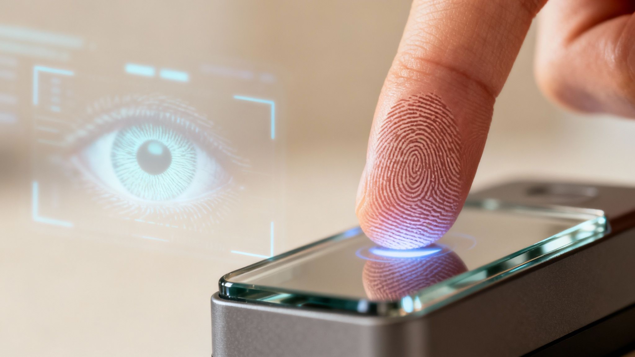 A Guide to Biometric Data GDPR Compliance in the Netherlands 3 Fingerprint scan on a biometric device with an iris scan display, showing digital security.