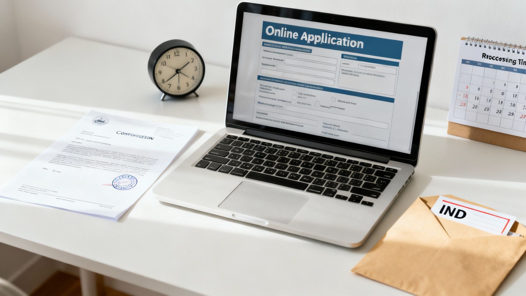 Laptop displaying online application form on desk with documents, clock, and calendar for processing time