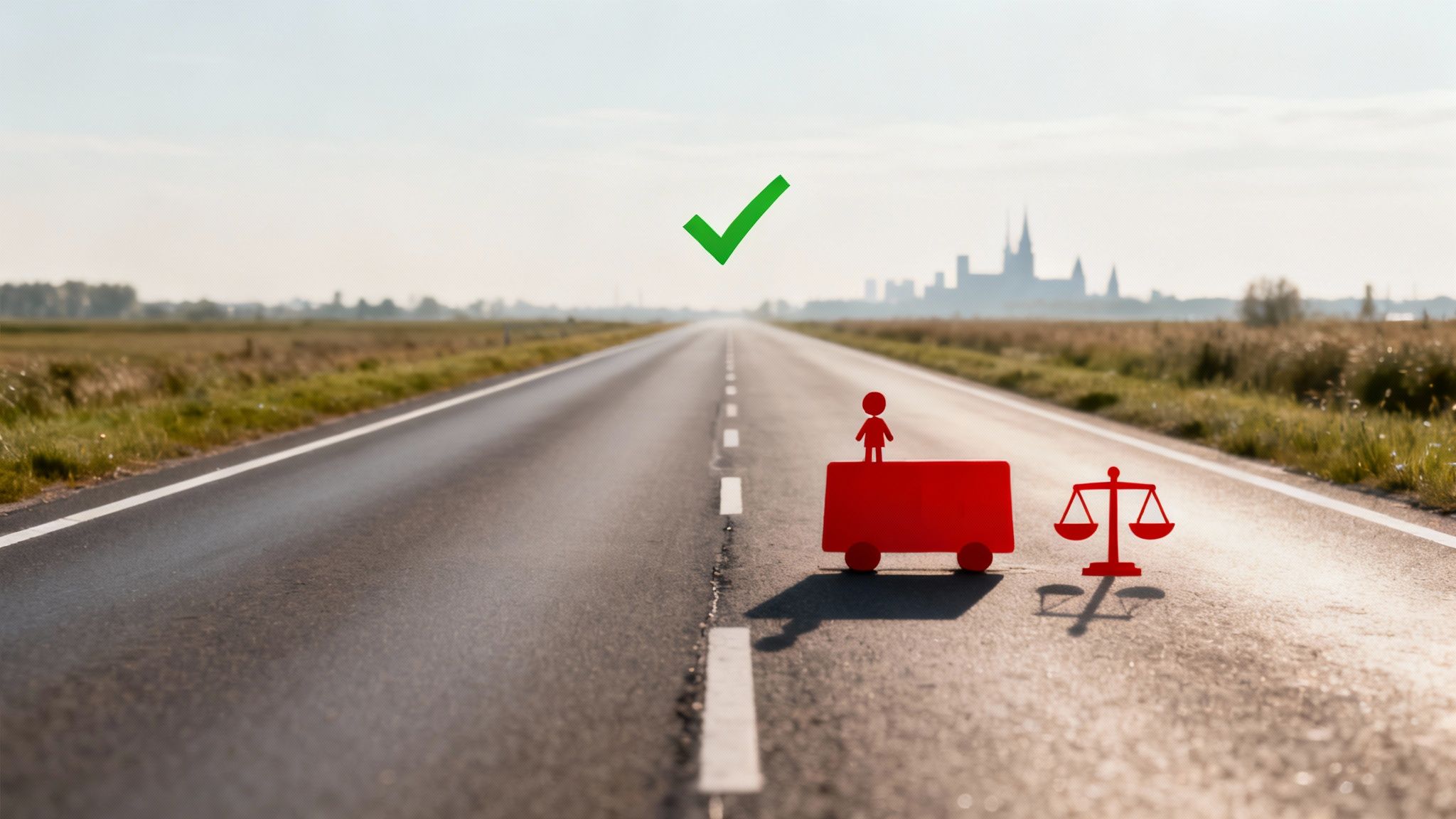 Flash Marriage Regret: How Quickly Can You Divorce in the Netherlands? 4 A long road with a person on a red cart, justice scales, and a green checkmark, symbolizing a legal journey.