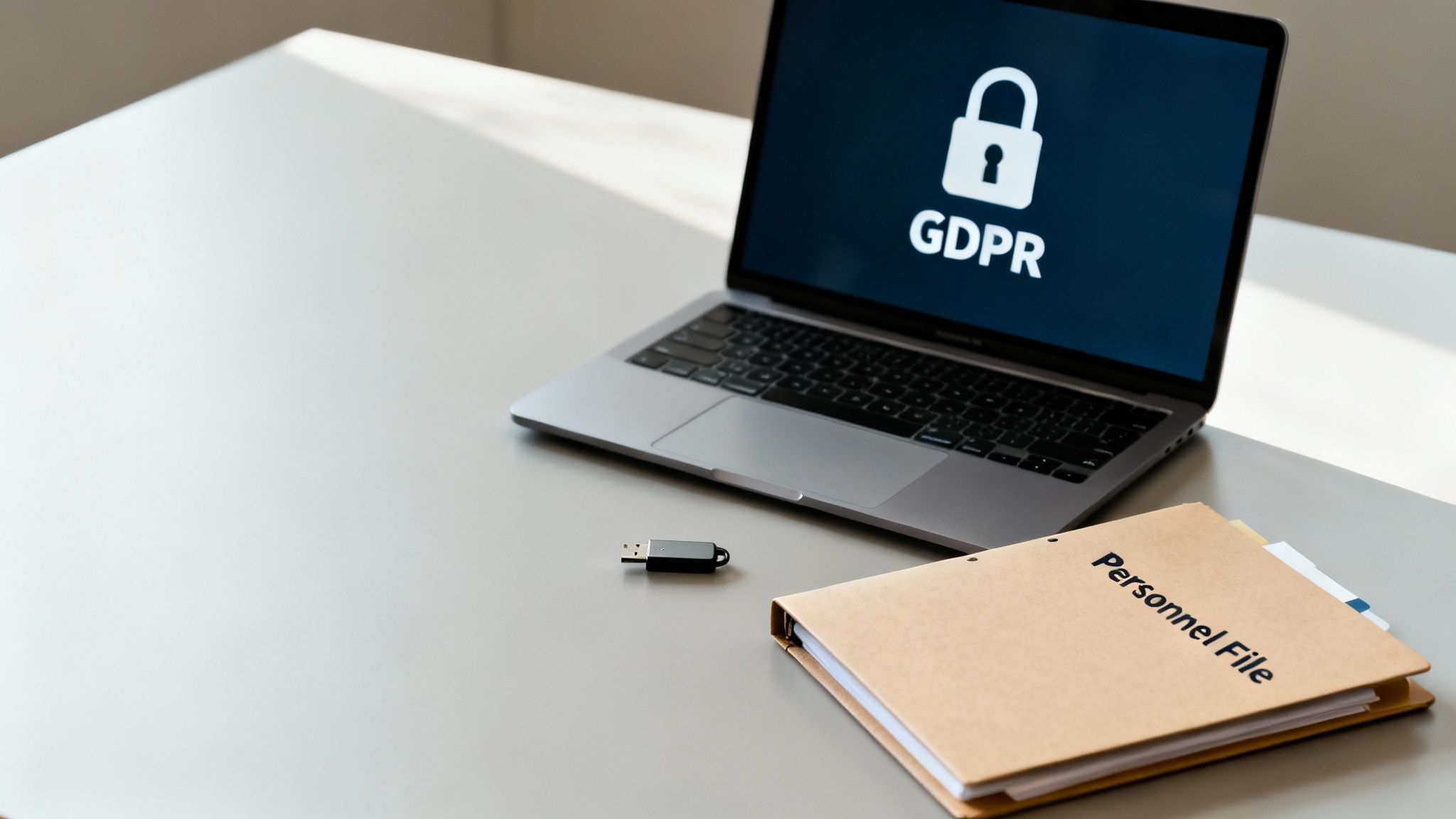 A laptop displaying GDPR and a padlock icon, a USB drive, and a 'Personnel File' folder on a desk.